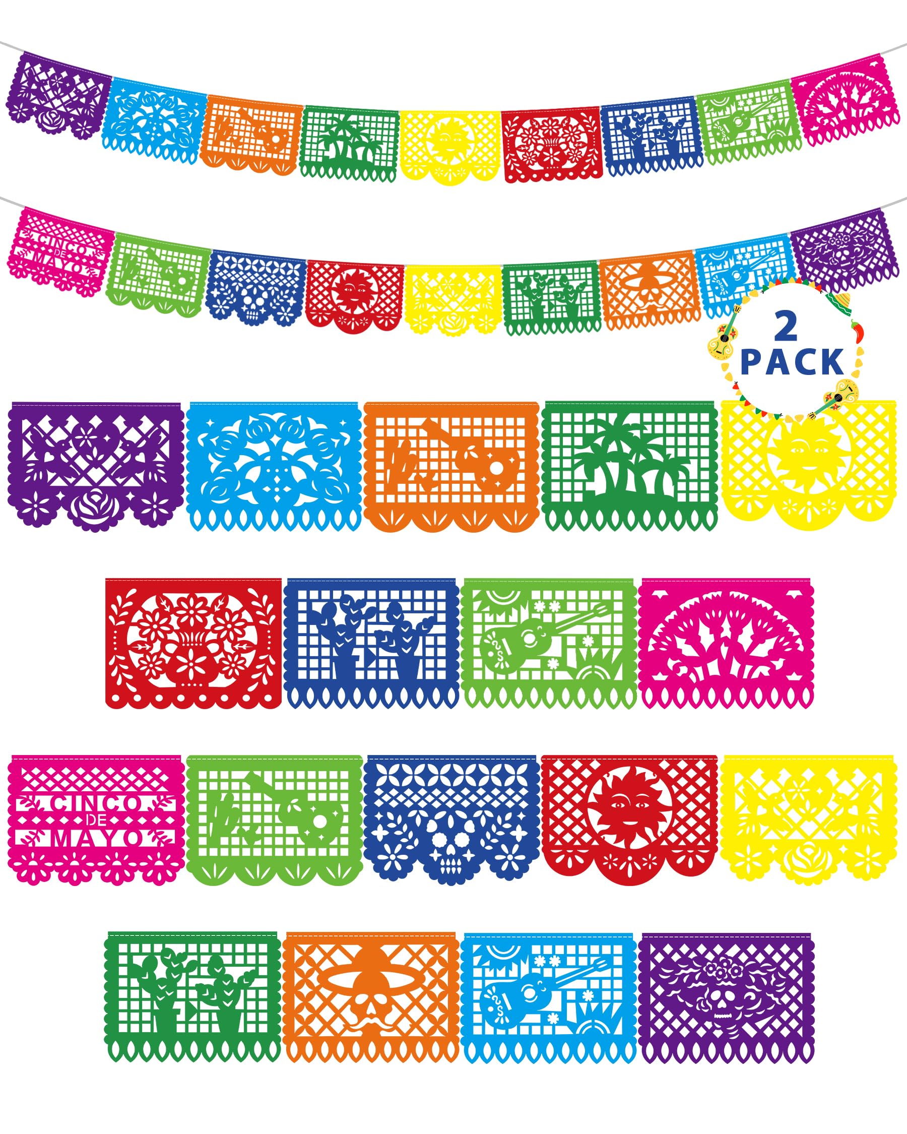 36 FT Cinco De Mayo Decorations, 2 Pack Mexican Party Banner, Plastic Fiesta Banner Colorful Papel Picado Hanging Banner String Flags Mexican Theme Party Dia De Los Muertos Day of the Dead Decor