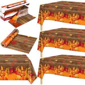 Kochorie 100 Ft x 54 Inch Fall Plastic Tablecloth Roll with Slide Cutter Thanksgiving Pumpkin Maple Leaves Table Cloth Autumn Harvest Party Table Cover Roll for Autumn Events Family Banquet Parties