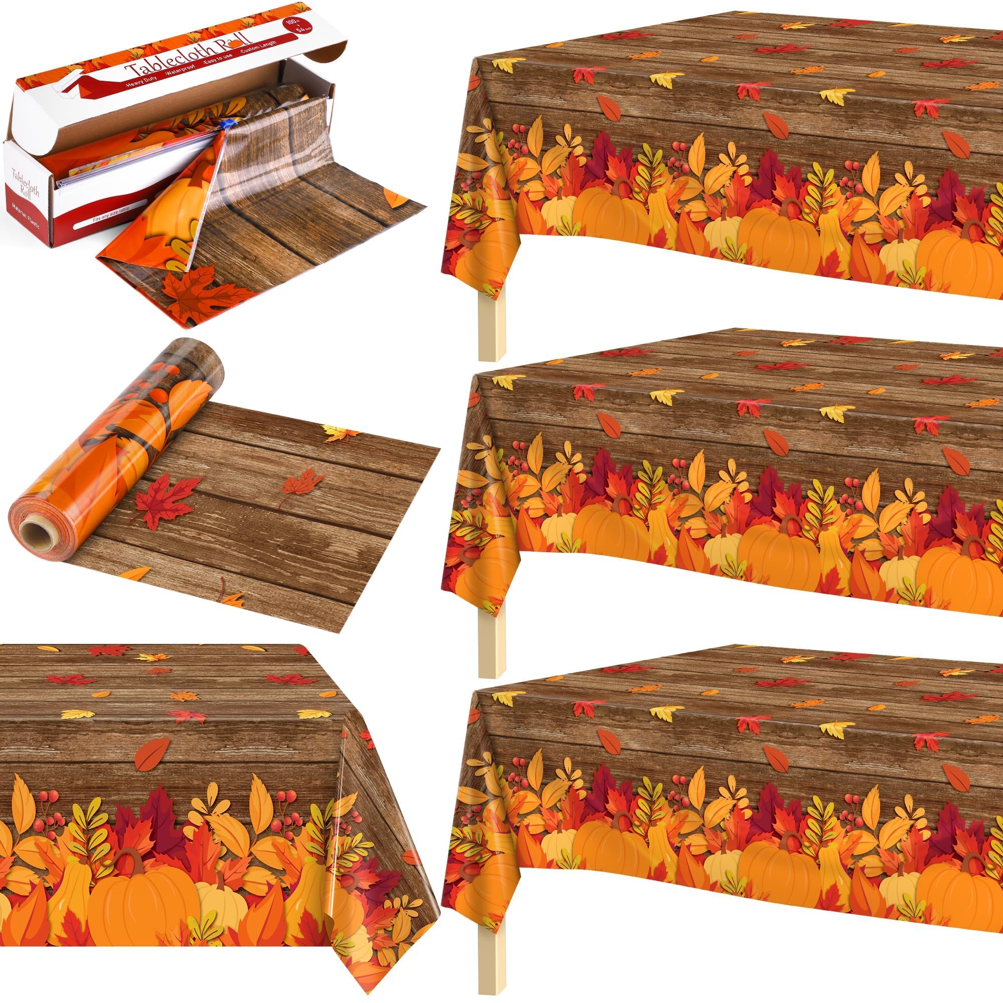 Kochorie 100 Ft x 54 Inch Fall Plastic Tablecloth Roll with Slide Cutter Thanksgiving Pumpkin Maple Leaves Table Cloth Autumn Harvest Party Table Cover Roll for Autumn Events Family Banquet Parties