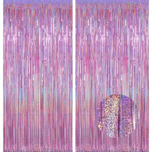 Melsan Purple Pink Tinsel Backdrop for Birthday, 2 Pack 3.2ft x 8ft | Glitter Foil Fringe, Metallic Shimmer,…