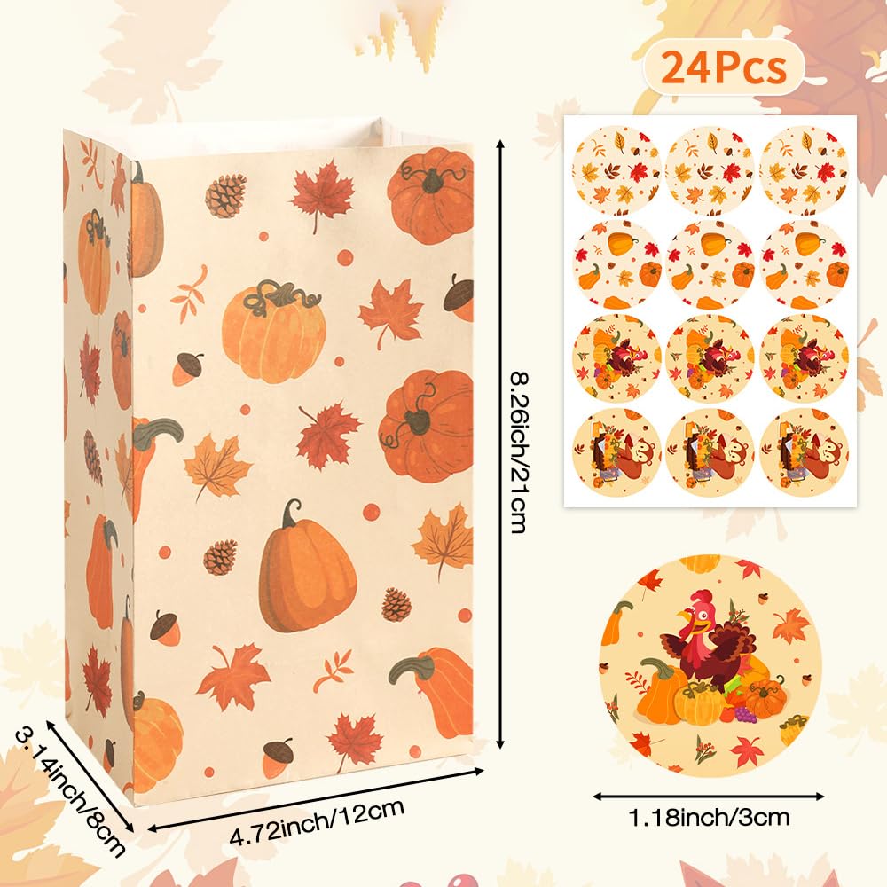 Fall Thanksgiving Treat Bags with Stickers, 24Pcs Fall Goodie Bags Autumn Maple Leaf Pumpkin Turkey Candy Cookies Goody Snacks Gift Paper Bag for Thanksgivings Party Favors Supplies Decorations