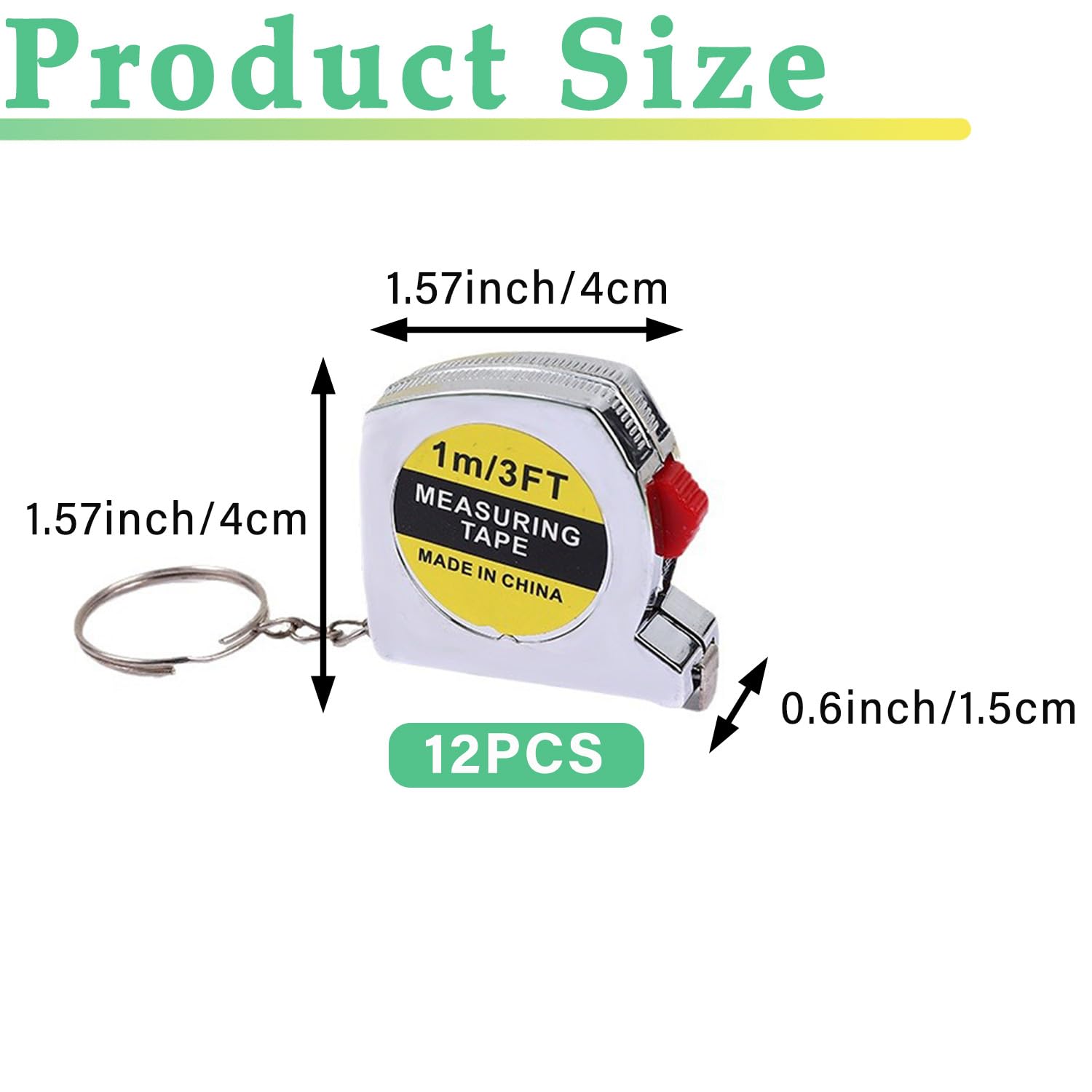 12 Pack Mini Tape Measure Keychains, 1.5 Inch Retractable Measuring Tapes with Lock, Small Functional Ruler for Party Favors, Gift Bags, Classroom Rewards, 1m/3ft
