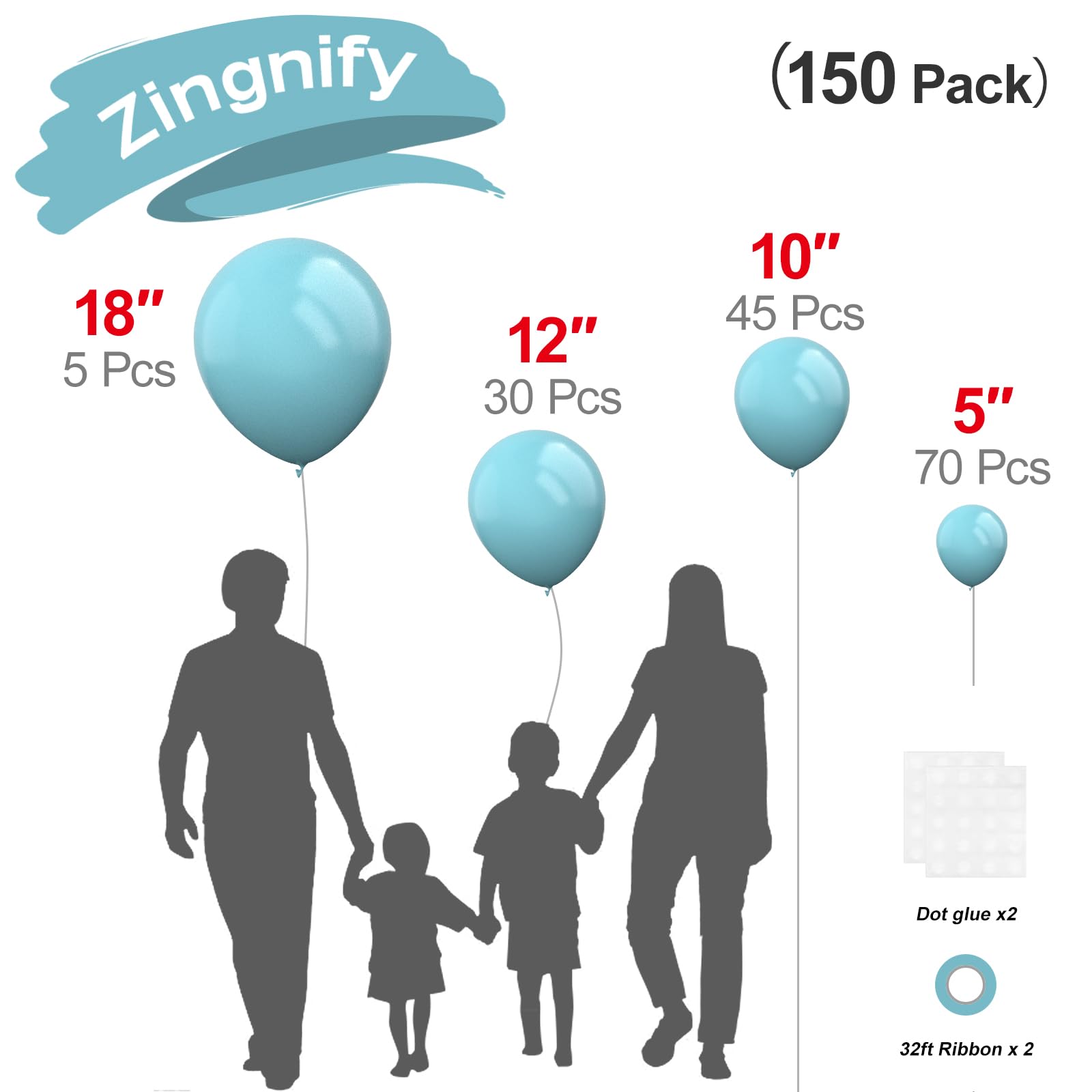 Zingnify Pale Aqua Balloons, 150 pcs Different Sizes Pack of 18 Inch 12 Inch 10 Inch 5 Inch Boho Pale Blue Balloons for Balloon Garland Balloon Arch as Birthday Party Wedding Decorations