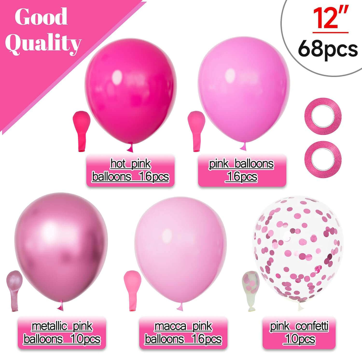 KUULBELA 68Pcs Pink Balloons Kit 12 Inch Metallic Pink Balloon, Pink Confetti Balloon and Baby Pink Party Balloons with Ribbons for Birthday, Wedding, Baby Shower, Graduation Decorations.