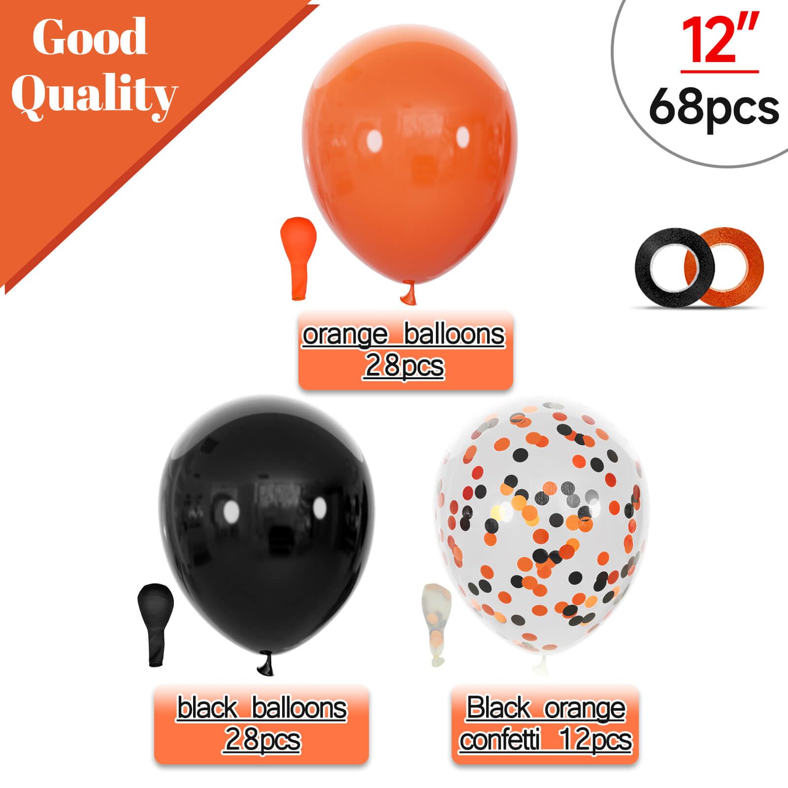 KUULBELA 68Pcs Black and Orange Balloons, 12 inch Orange Black Latex Balloon Set with Confetti Ribbons Reusable, Fade-Resistant for Halloween, Graduation Spooky Party Decorations.