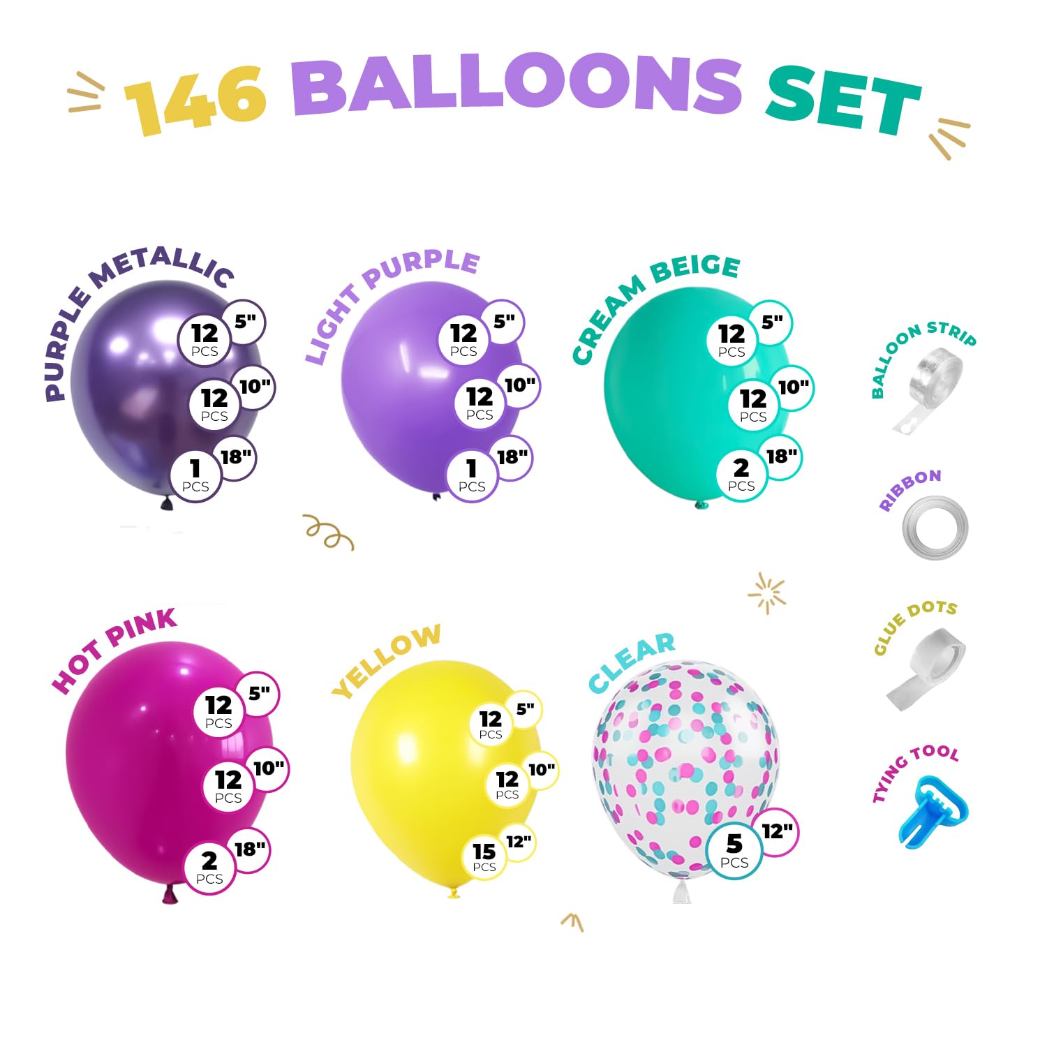 Balloon Garland Arch Kit – 146 Pcs Hot Pink, Metallic Purple, Purple, Cream Beige, Yellow & Confetti Balloons for Baby Shower, Birthday, Gender Reveal, Wedding Party – DIY Kit by Vellax™