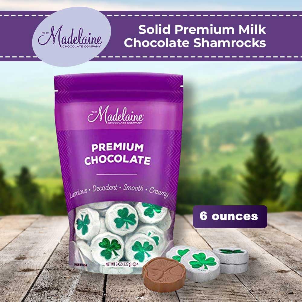 Madelaine St. Patrick's Day Milk Chocolate Shamrocks - About 20 Individually Wrapped Chocolate Candy in Matte White Foil with Green Shamrock - St Patricks Day Candy Party Favors & Basket Fillers