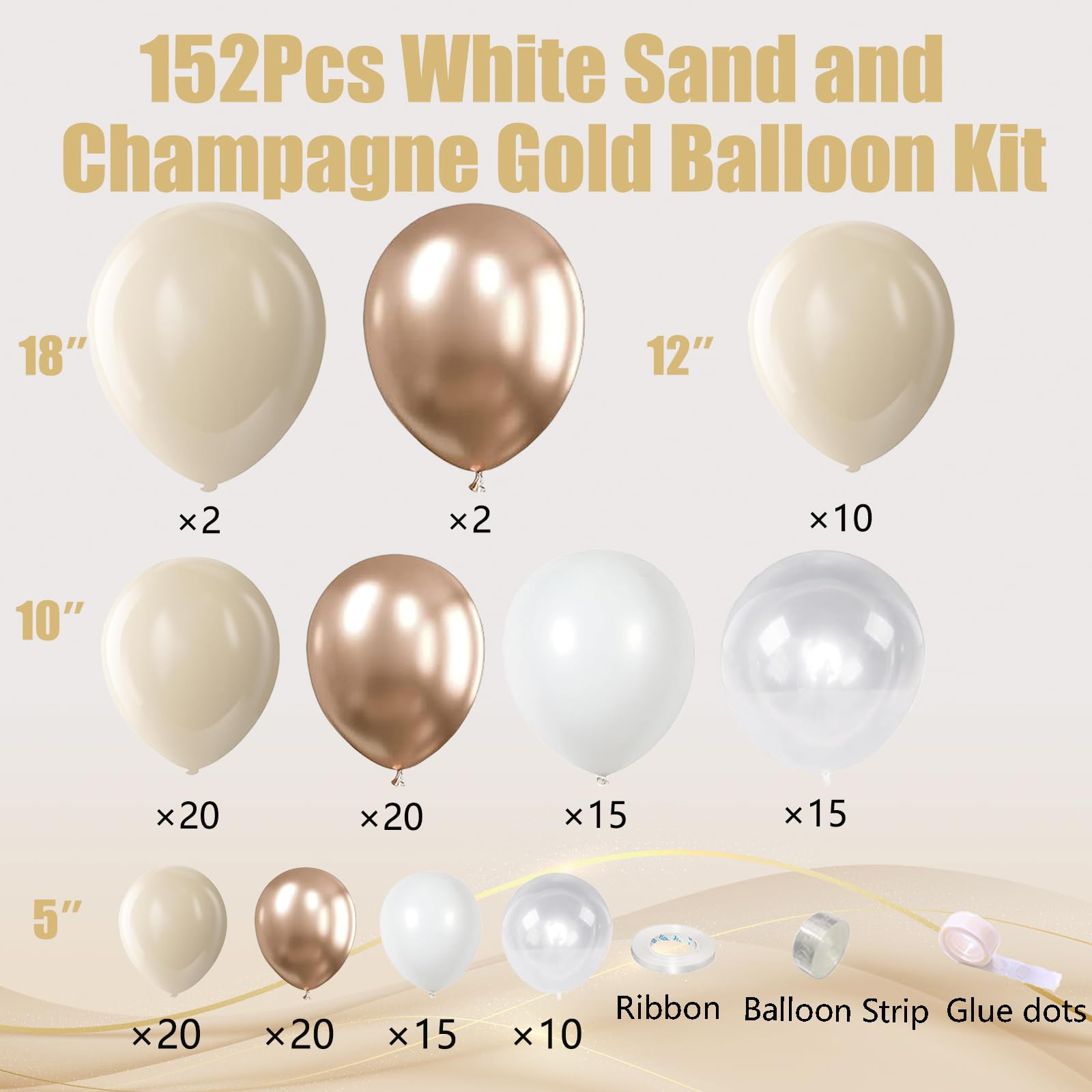 White Sand Metallic Champagne Gold Balloons Garland Arch Kit,152PCS White Neutral Balloons with Clear Balloons for Birthday Wedding Baby Shower Bridal Shower Engagement Anniversary Decoration