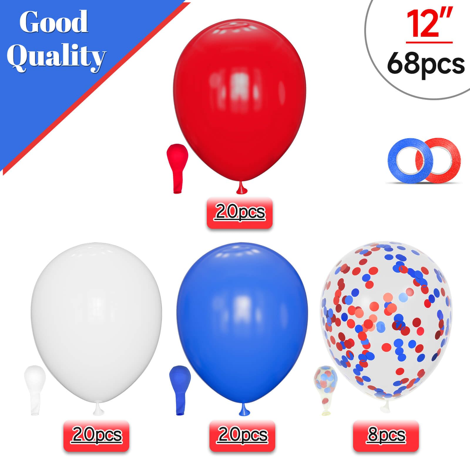 KUULBELA Red White Blue Latex Balloons 68 Pack, 12 Inch Patriotic Balloons with Confetti, Party Decorations for 4th of July, Independence Day, Graduation, Birthday, Air Helium Fill.