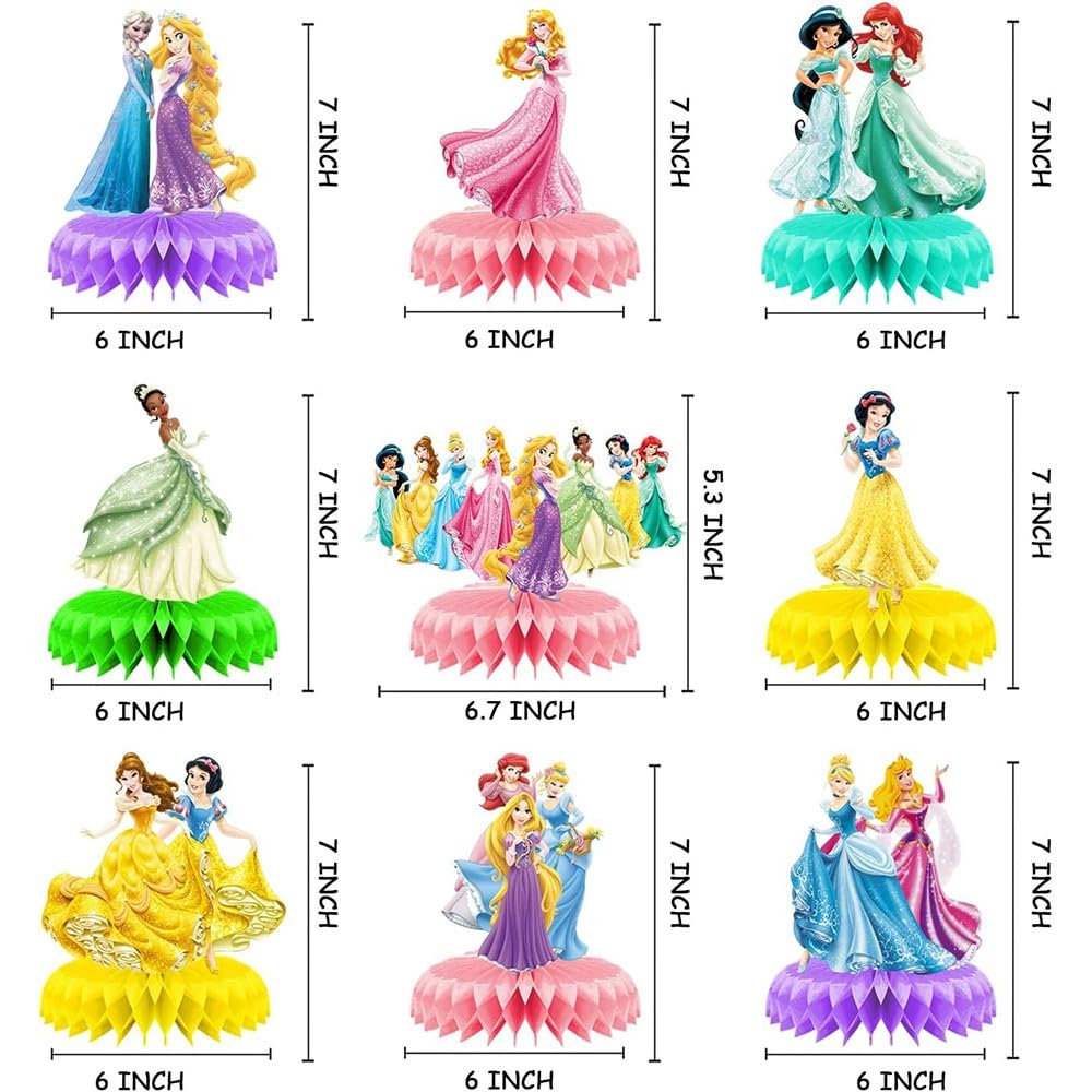 For Disne Princess Birthday Party Supplies, 9Pcs Honeycomb Centerpieces for Princess Party Decorations, Double Sided Table Decorations Centerpieces Party