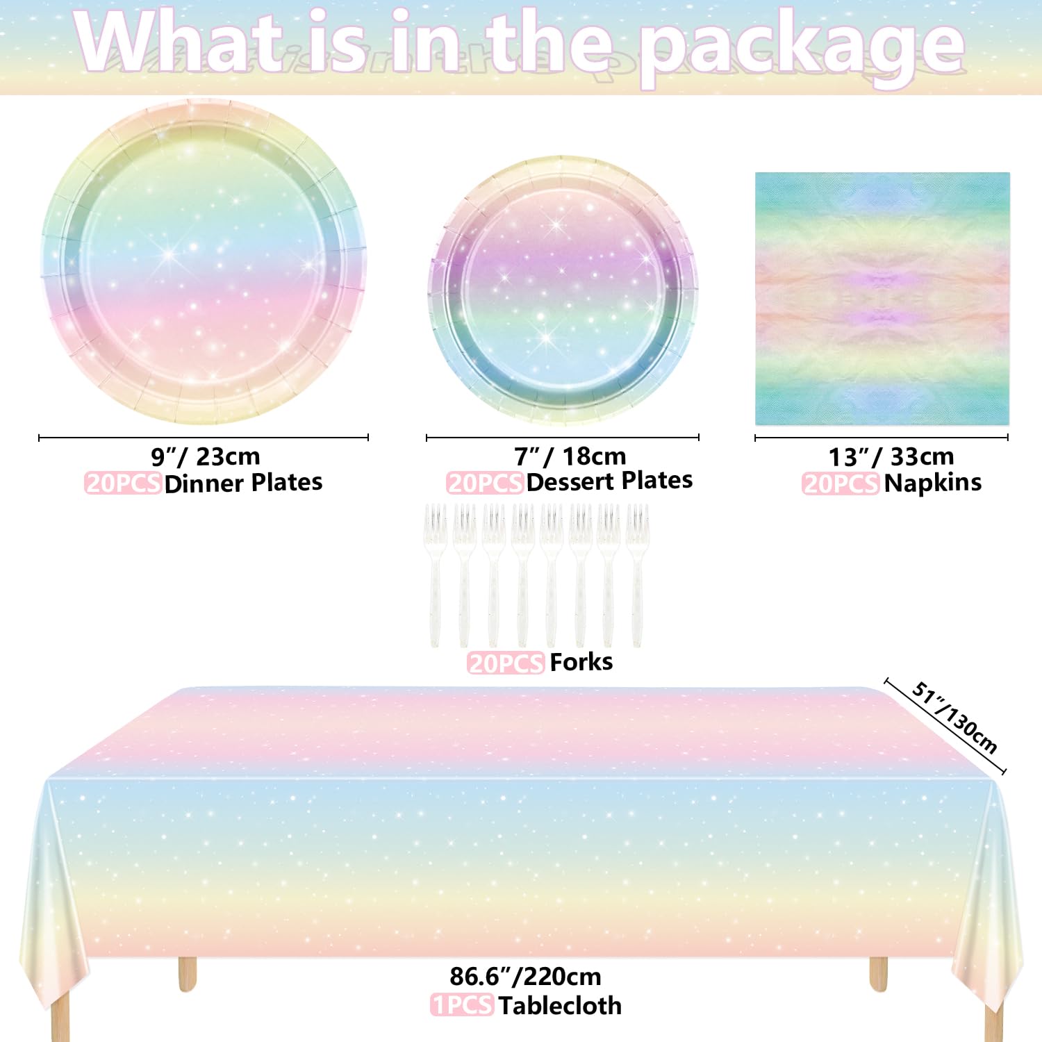 QUERICKY Pastel Rainbow Party Supplies for 20 Guests, Disposable Tableware Set includes Pastel Paper Plates, Napkins, Forks, Tablecloth for Girls Birthday Party, Baby Shower Party