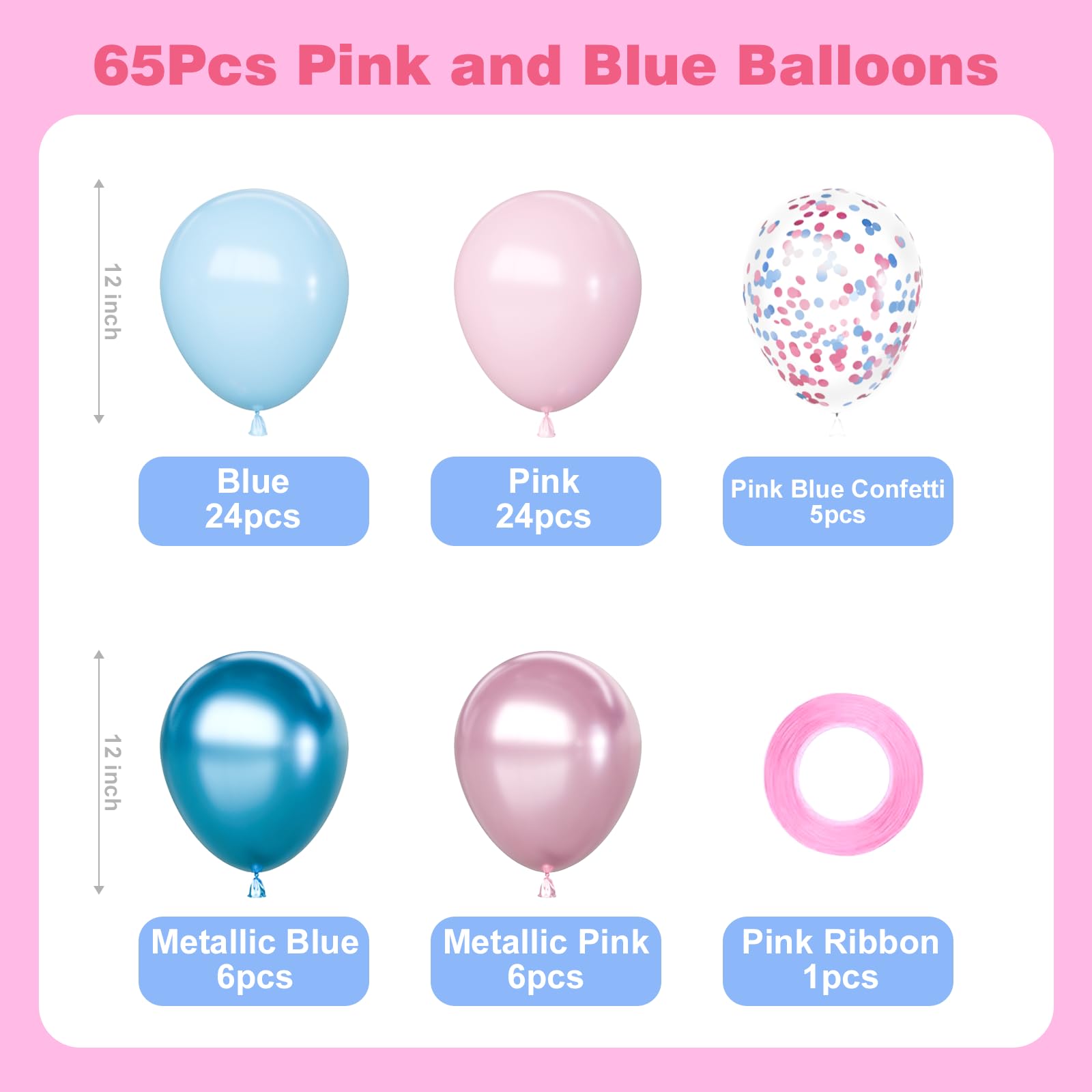 Pink and Blue Latex Balloons Set, 65Pcs Metallic Pink and Blue Balloons