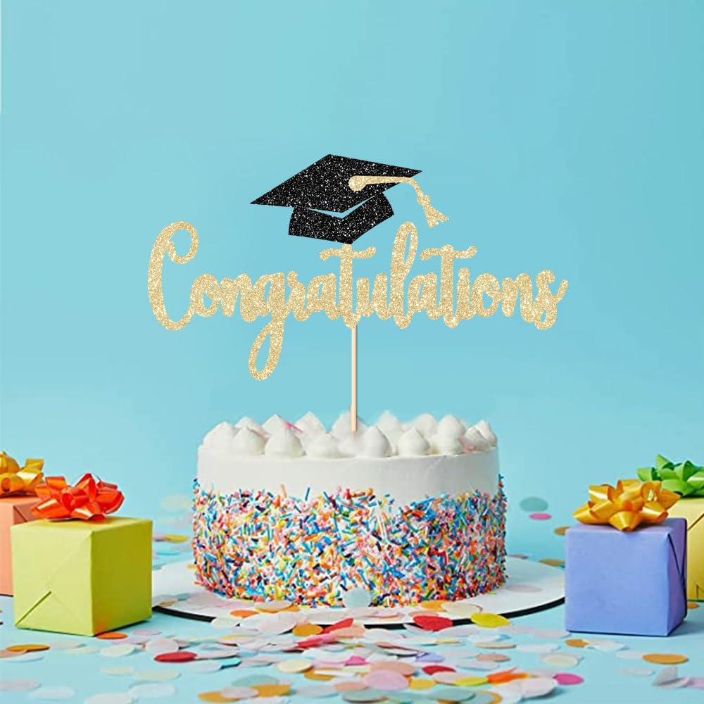FHGG Congratulations Cake Topper Gold Glitter Congrats Grad Decorations Class of 2026 High School College Senior Graduation Celebration Party
