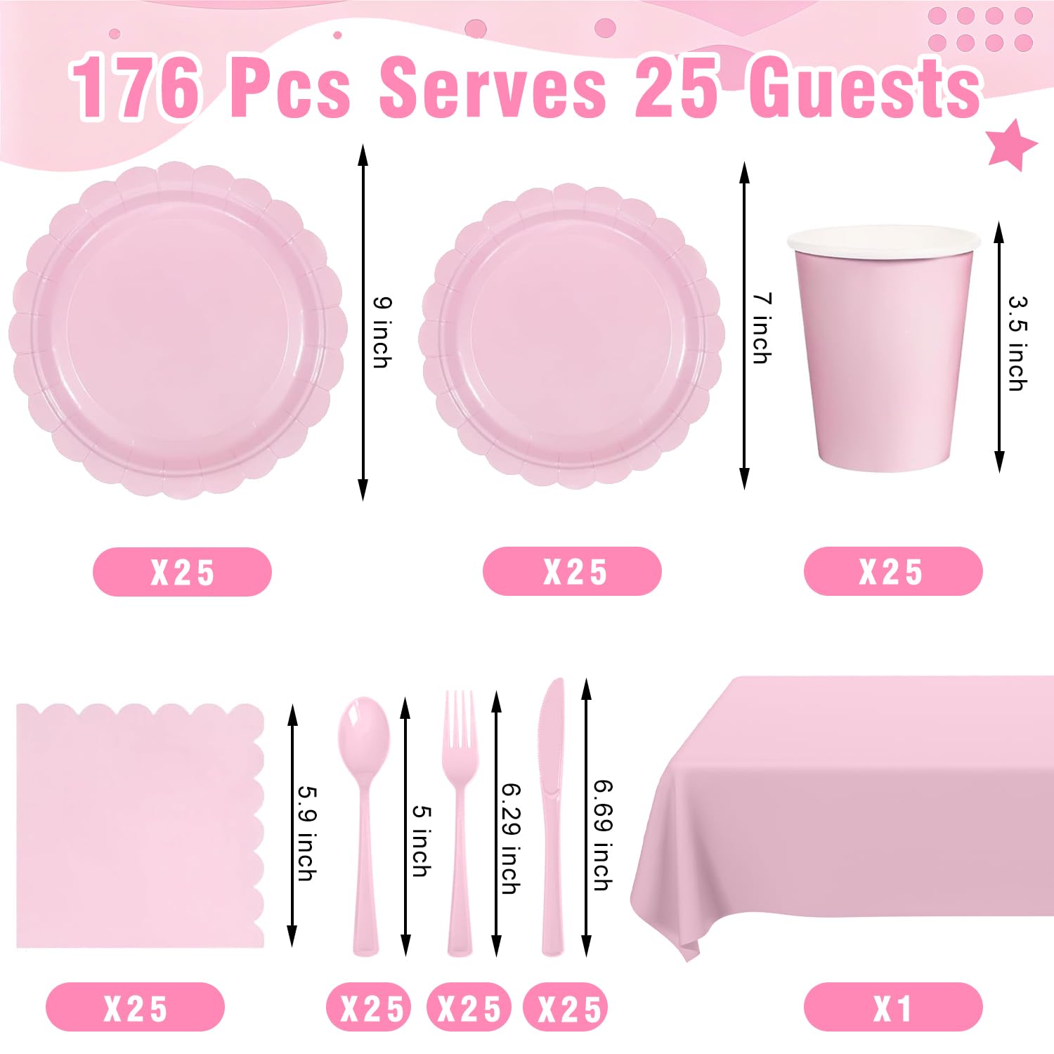 176 PCS Pink Party Decorations - Light Pink Scalloped Plates, Napkins, Cups, Cutlery, Tablecloth for Baby Shower, Wedding, Birthday Party Decorations, Serves 25