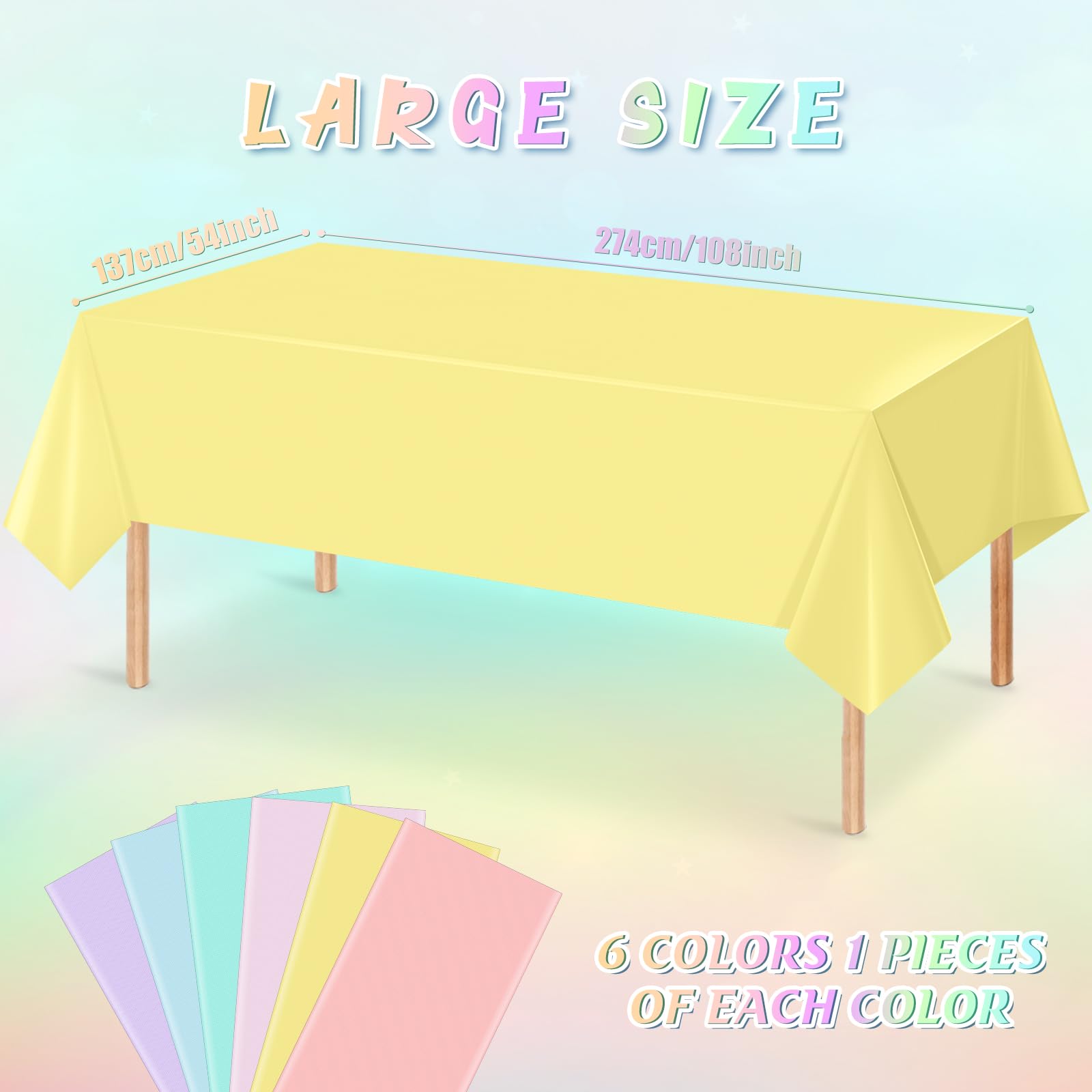 YIDAKO 6Pcs Pastel Tablecloths, Rainbow Mix Color Plastic Tablecloth Disposable Rectangle Table Covers for Baby Shower,Bridal,Wedding, Easter,Birthday and Ice Cream Party Decoration, 54 x 108 Inch