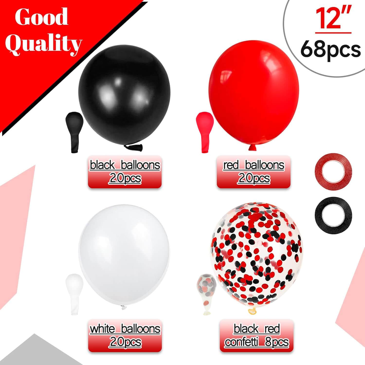 KUULBELA 68Pcs Red Black White Latex Balloons 12 Inch with Black Red Confetti Balloons for Birthday, Wedding, Baby Shower, Graduation Poker Card Party.