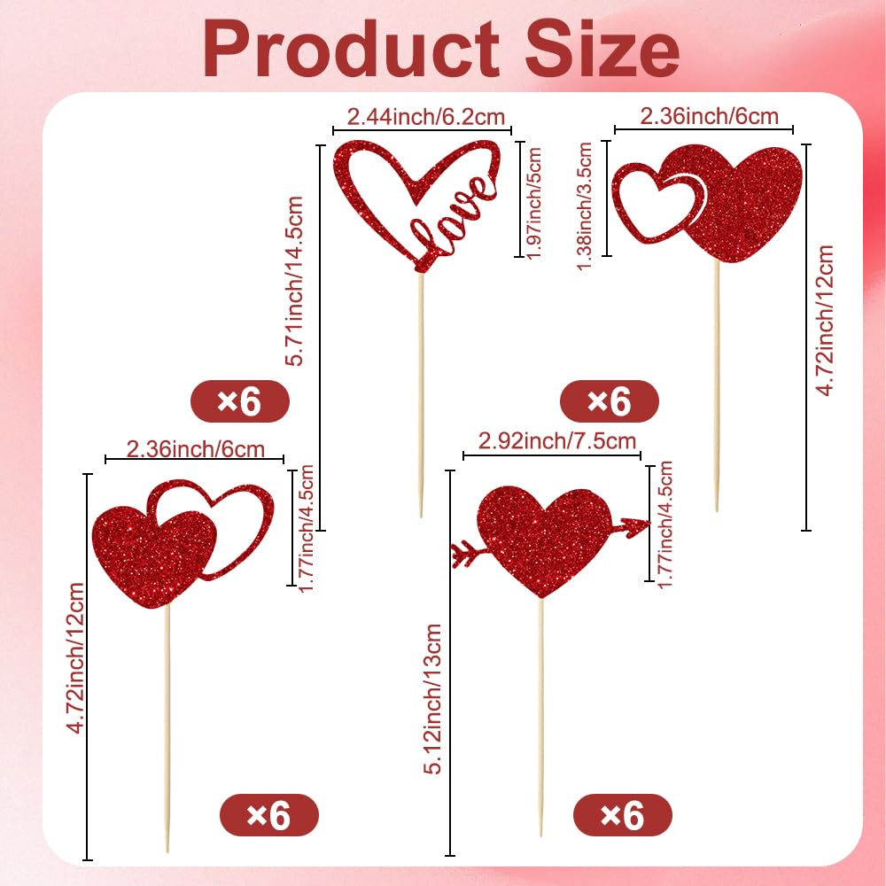 Valentines Cupcake Toppers, 24 PCS Glitter Red Heart Cupcake Picks, Valentines Cake Decorations Heart Love Food Picks Cupcakes Toppers for Valentine's Day Party Decorations Supplies