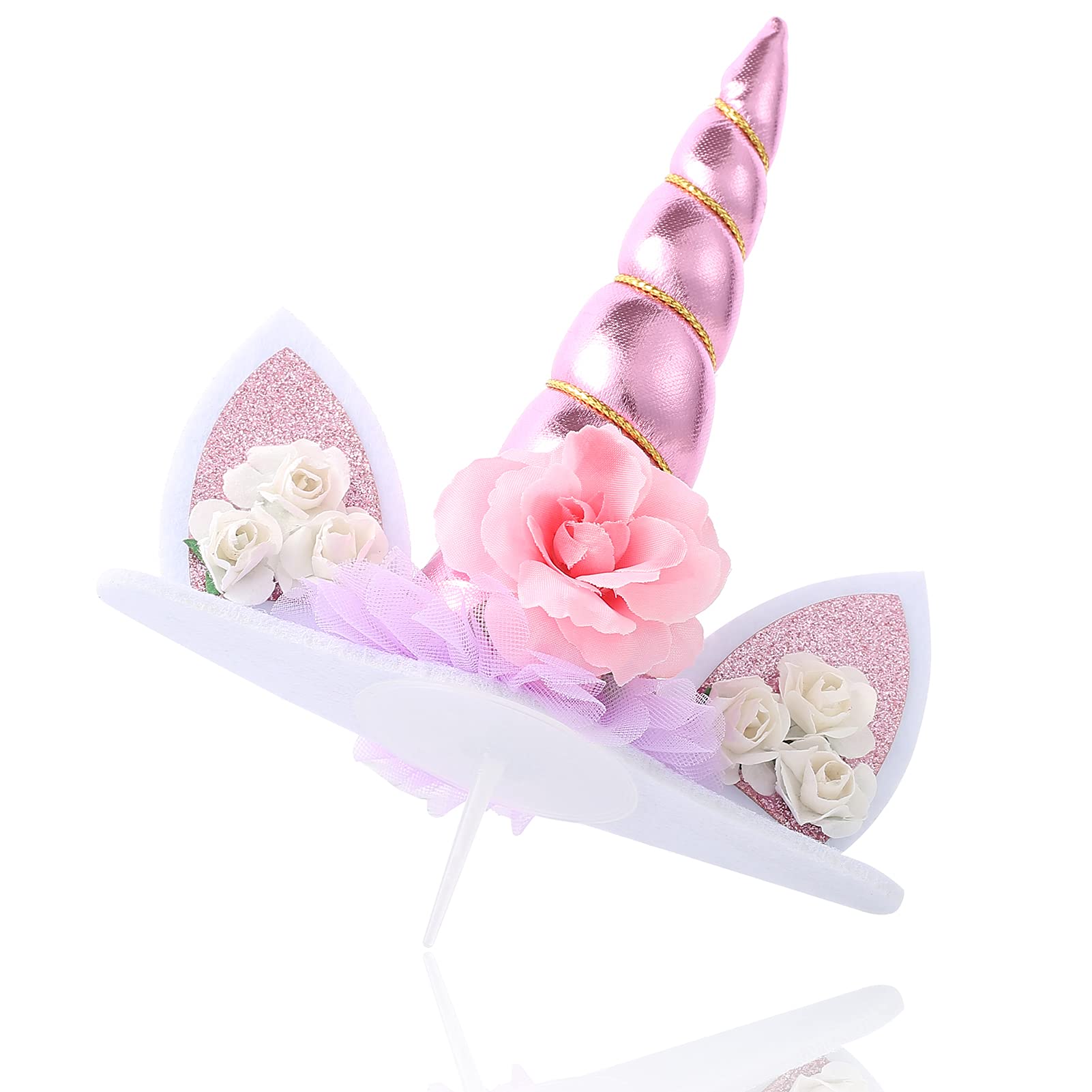 Unicorn Cake Topper Birthday Party Supplies Cute Handmade Cake Decoration Pink Unicorns Horn Cake Topper Decorations for Girls First Birthday Cake Accessories with Eyelashes, 5.8 Inch