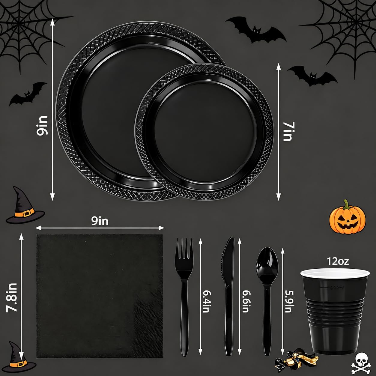 WELLIFE 210Pcs Black Plastic Plates,Black Disposable Plates for Party