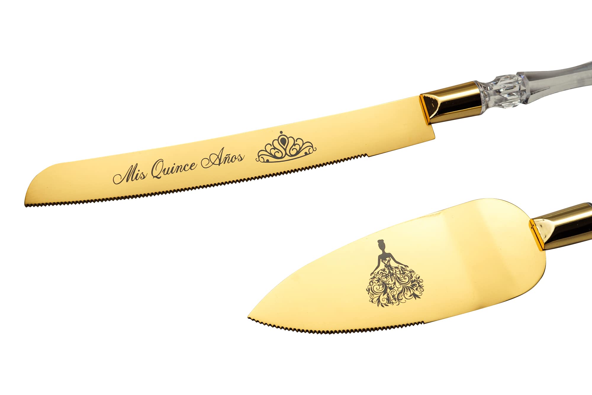Lassos Boutique Mis Quince Años Quinceanera Cake Serving and Knife Set, Sweet 15 Birthday Cake Cutting Set, Feliz 15 Anos Decoration, Acrylic Handle, Stainless Steel (Gold)
