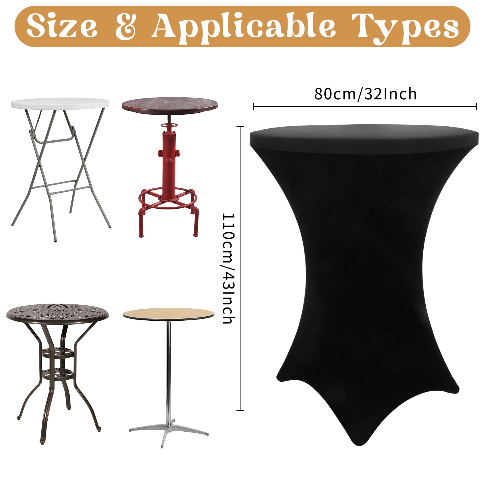 HAISIWLKJ 8 Pack Cocktail Table Covers 32x43 Inch Fitted Stretch Spandex Square Corners Black Table Cover High Top Cocktail Round Tablecloth for Party, Wedding, Birthday, Banquet(Black)