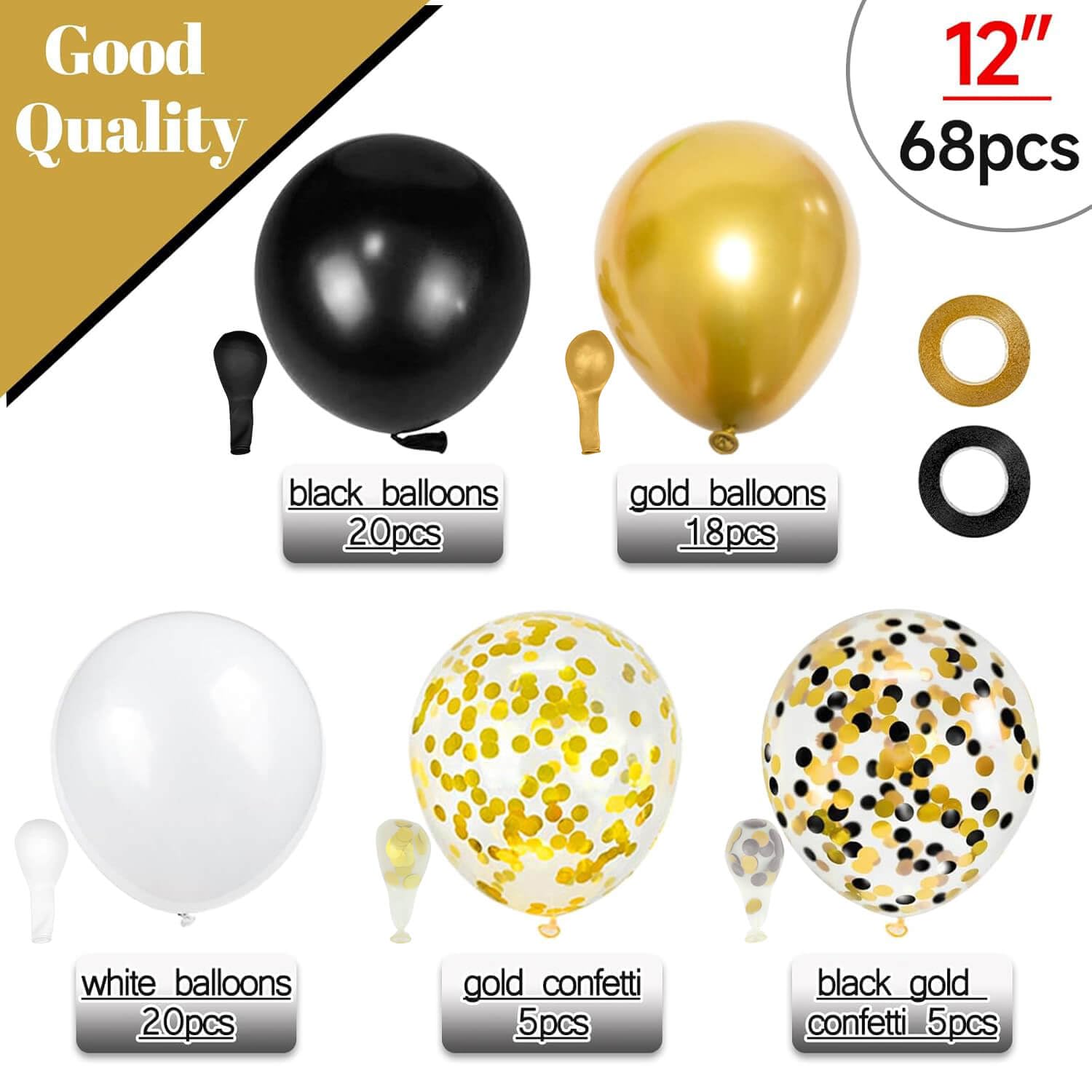 KUULBELA 68Pcs Black White Gold Balloons with 12 Inch Black Gold Confetti Balloons for Graduation Birthday Wedding Party Decorations