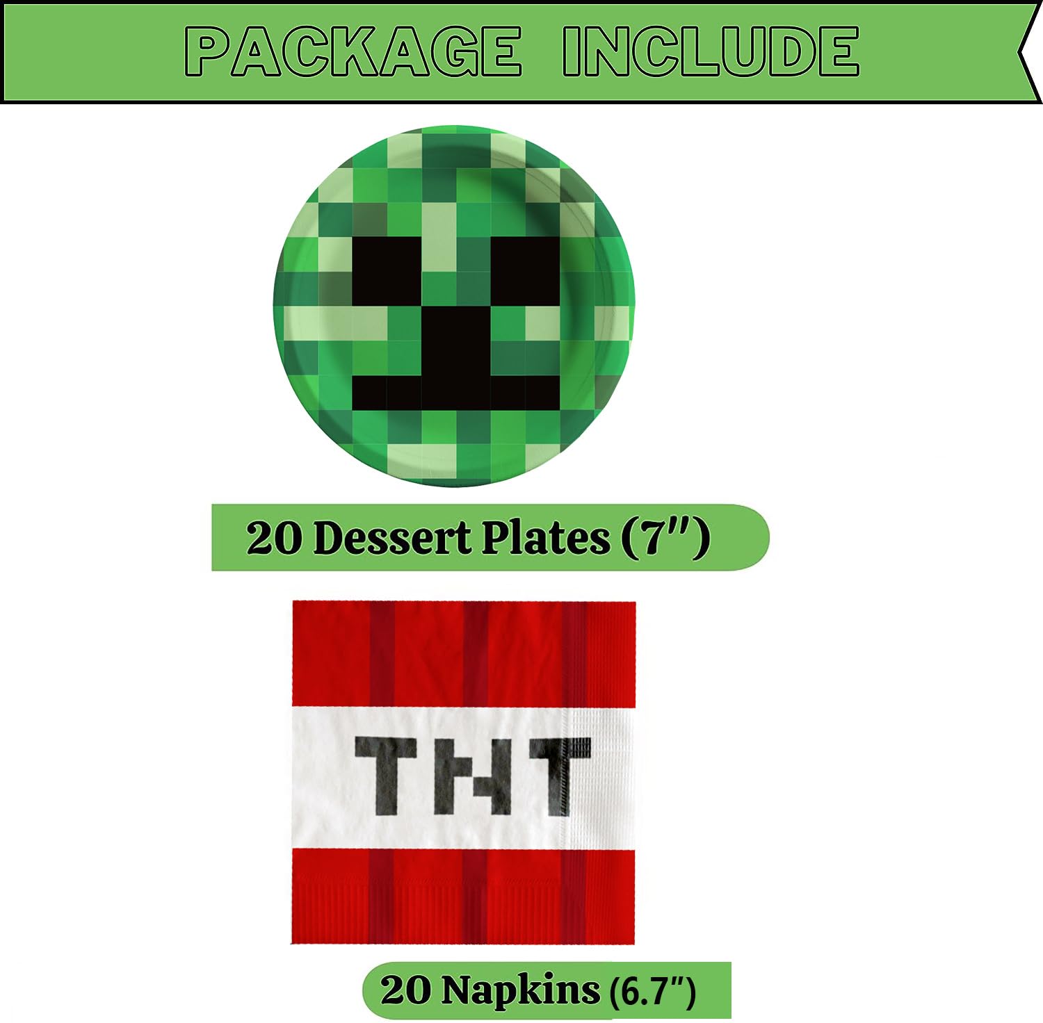 40Pcs Pixel Miner birthday Party Supplies include 20 plates, 20 napkins for the Mine party decoration
