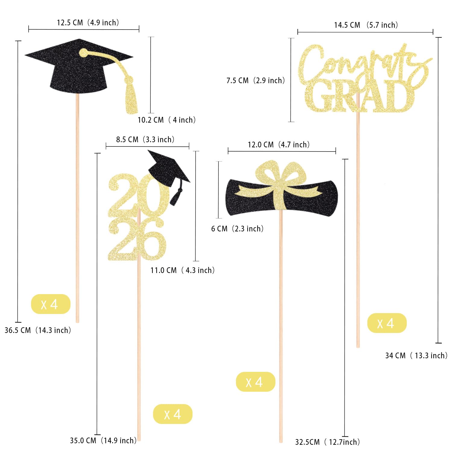 Graduation Decoration Class of 2026 Centerpieces for Table, 2026 Party Centerpieces Grad Cap Sticks Party Supplies, Graduation Party Decoration Toppeers (16 PCS, Gold & Black, Set of 4)