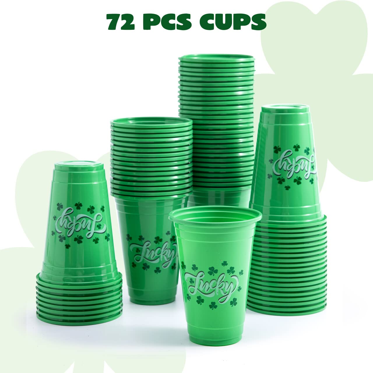JOYIN 72 Pcs St.Patrick‘s Day 16 oz Cups, Green Disposable Plastic Lucky Clover Cups for Saint Patrick Party Supplies Set, Irish Lucky Day Party Decoration