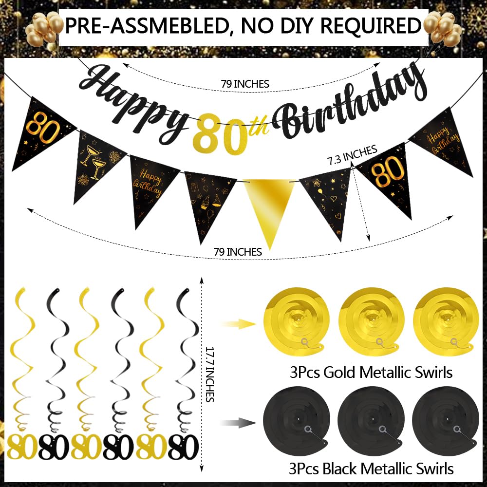 TOBATOBA 80th Birthday Decorations Kit for Men Women, Black Gold Happy 80th Birthday Banner, Triangle Flag Banner 80th Birthday Party Decorations, Swirl Streamers Paper Pompoms Party Supplies