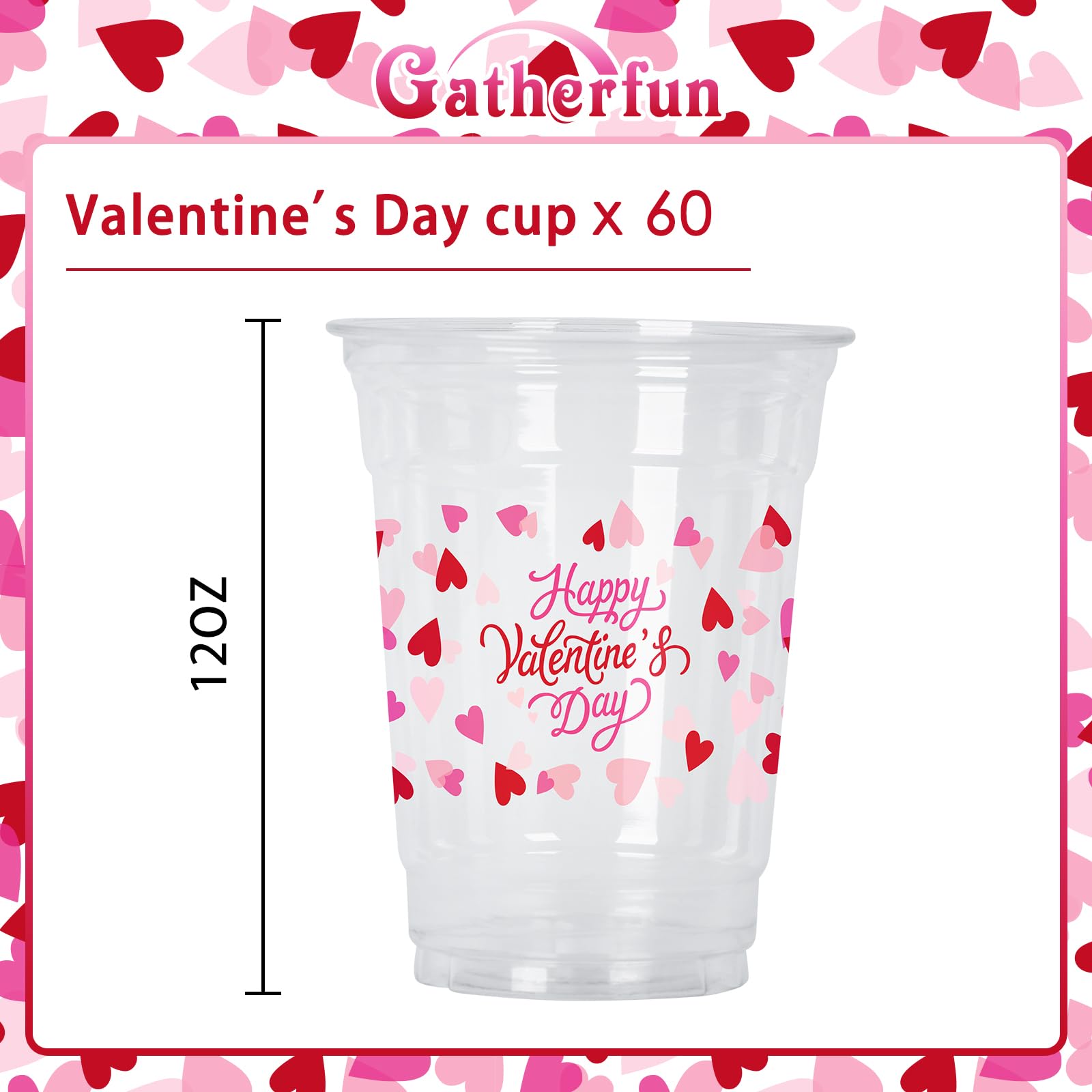 Gatherfun Valentine's Party Supplies - Romantic 60 Pcs 12oz Love-Themed Plastic Cups for Charming Decorations, Perfect for Valentines