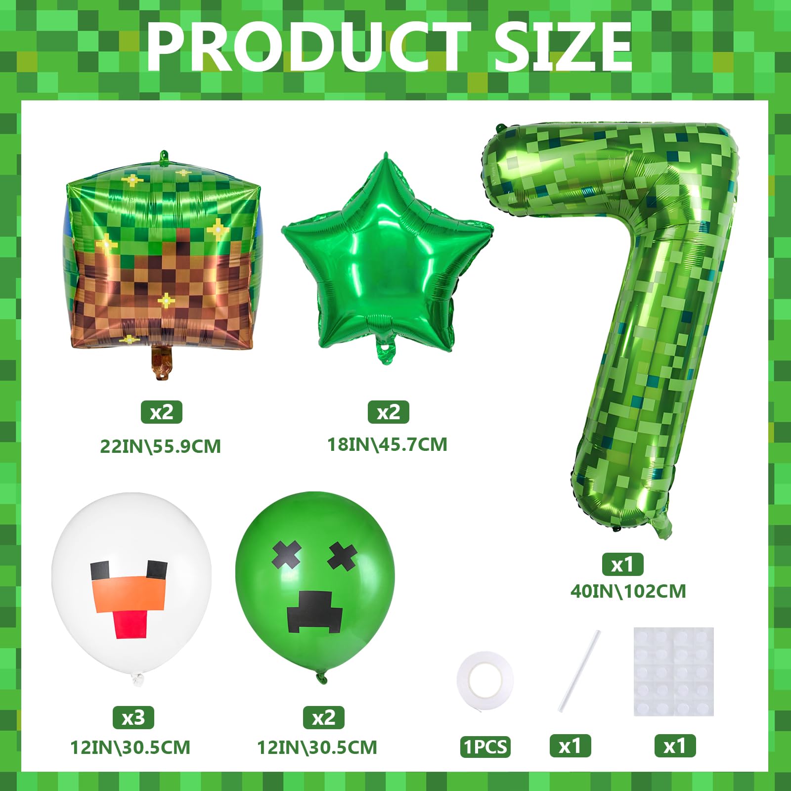 FJZEPIN 40 Inch Giant Green Pixel Miner Themed Number Foil Balloons, Mining Green Birthday Party Decorations Bundle 0-9 Optional Kids Anniversary Balloon Party Supplies (Number 7)