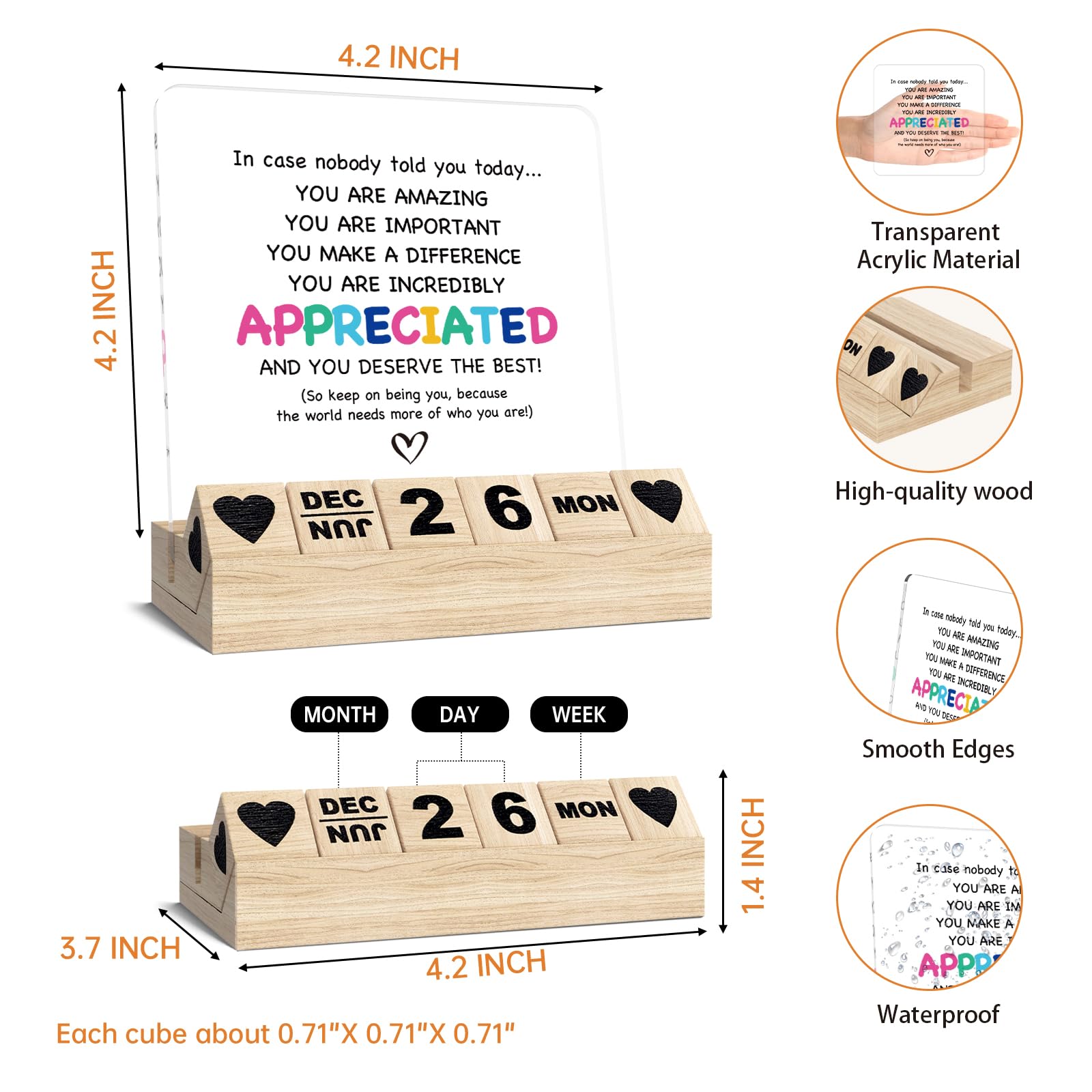 Appreciation Thank You Gifts, Inspirational Desk Decor, Wooden Calendar