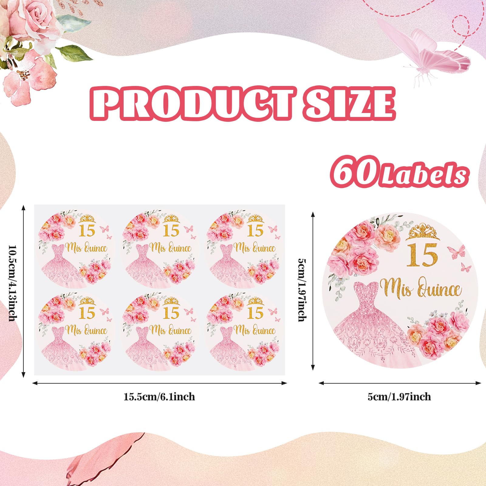 60 Pcs Mis Quince Stickers,Mis 15 Años Stickers for Quinceanera Party Favors,Recuerdos para 15 Años Quinceañeras Decorations