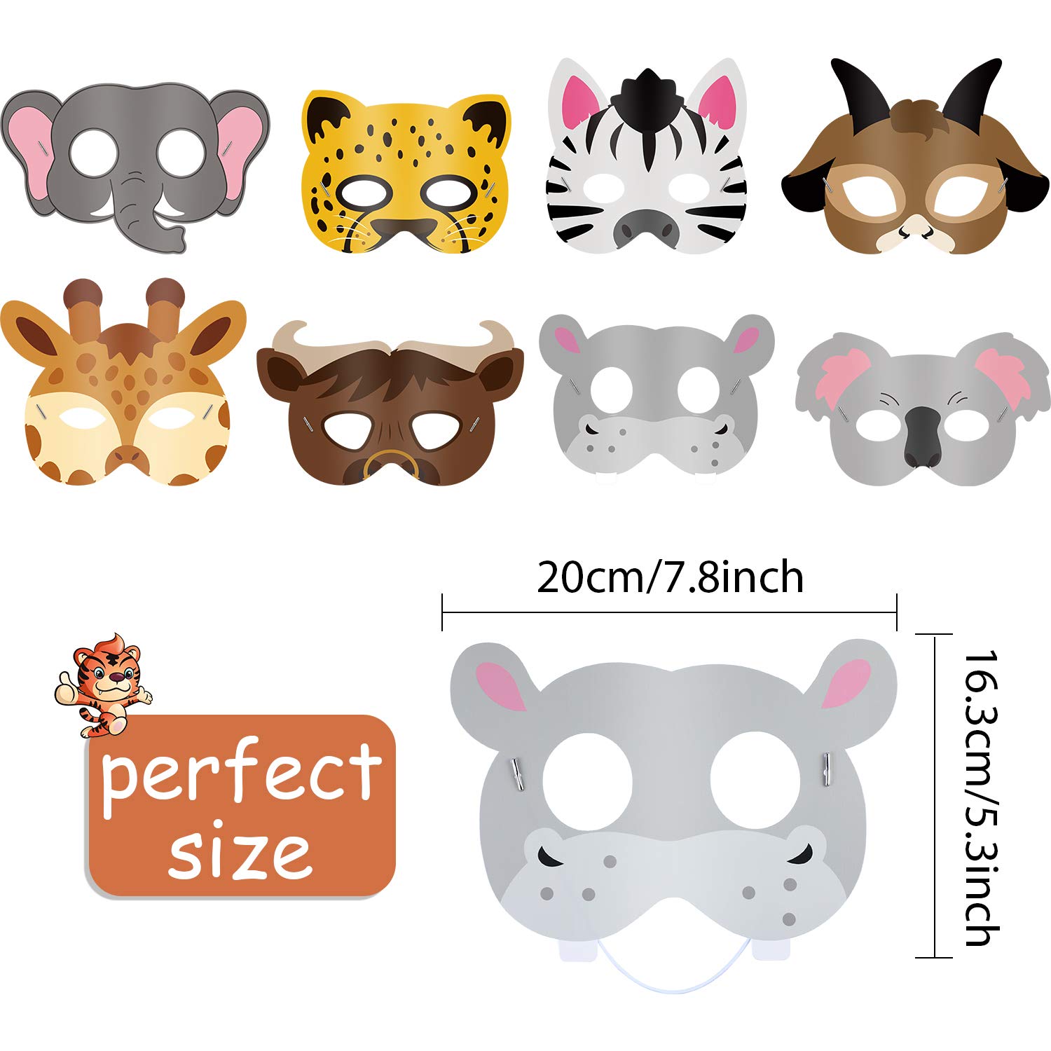 Blulu 16 Pcs Safari Animal Mask for Kids Jungle Zoo Cartoon Mask, Animals