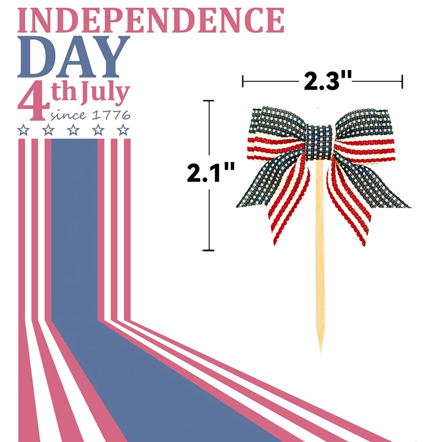 24 Pcs Red White Blue Bow Cupcake Toppers for 4th of july America Patriotic Party Decoration, Baby Shower and Birthday Cake Supplies(Style A)
