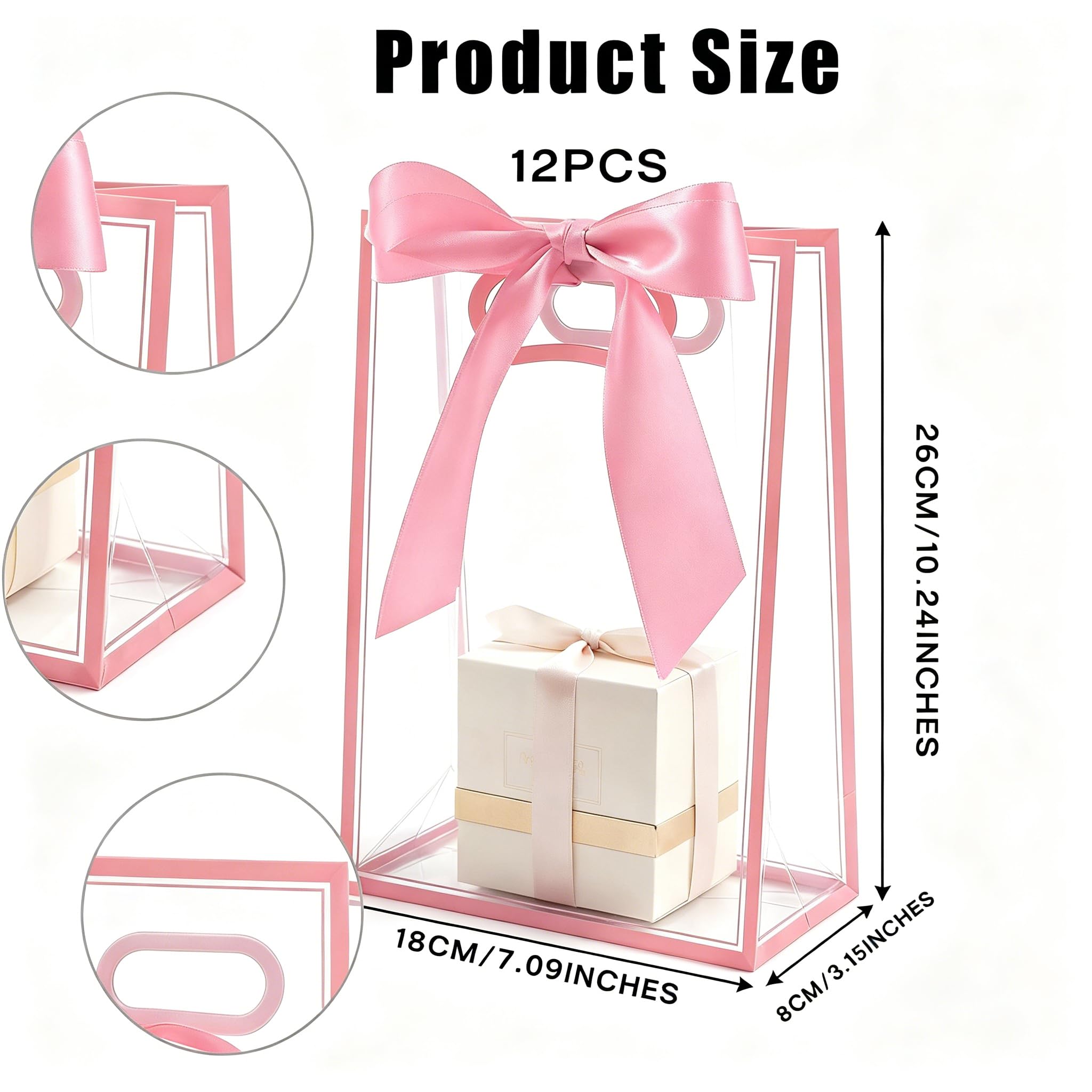 GicCheShark 12 Pcs Clear Plastic Gift Bags With Handles Reusable PP Favor Bag With Ribbons For Valentine'S Day Wedding Bridal Shower Birthday Graduation Shopping Business, 7.09x10.24x3.15 Inch (Pink)