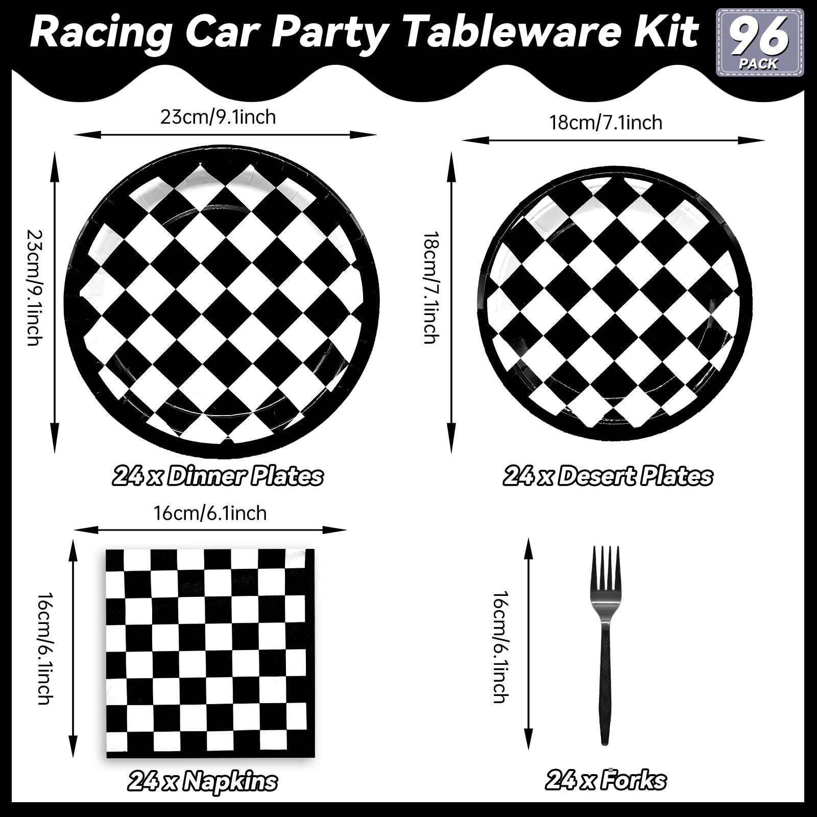 96 Pieces Racing Theme Party Supplies - Black and White Checkered Pattern Disposable Tableware with Paper Plates, Napkins, Forks for Race Car Dirt Bike Birthday Decorations, Sports Events Celebrations