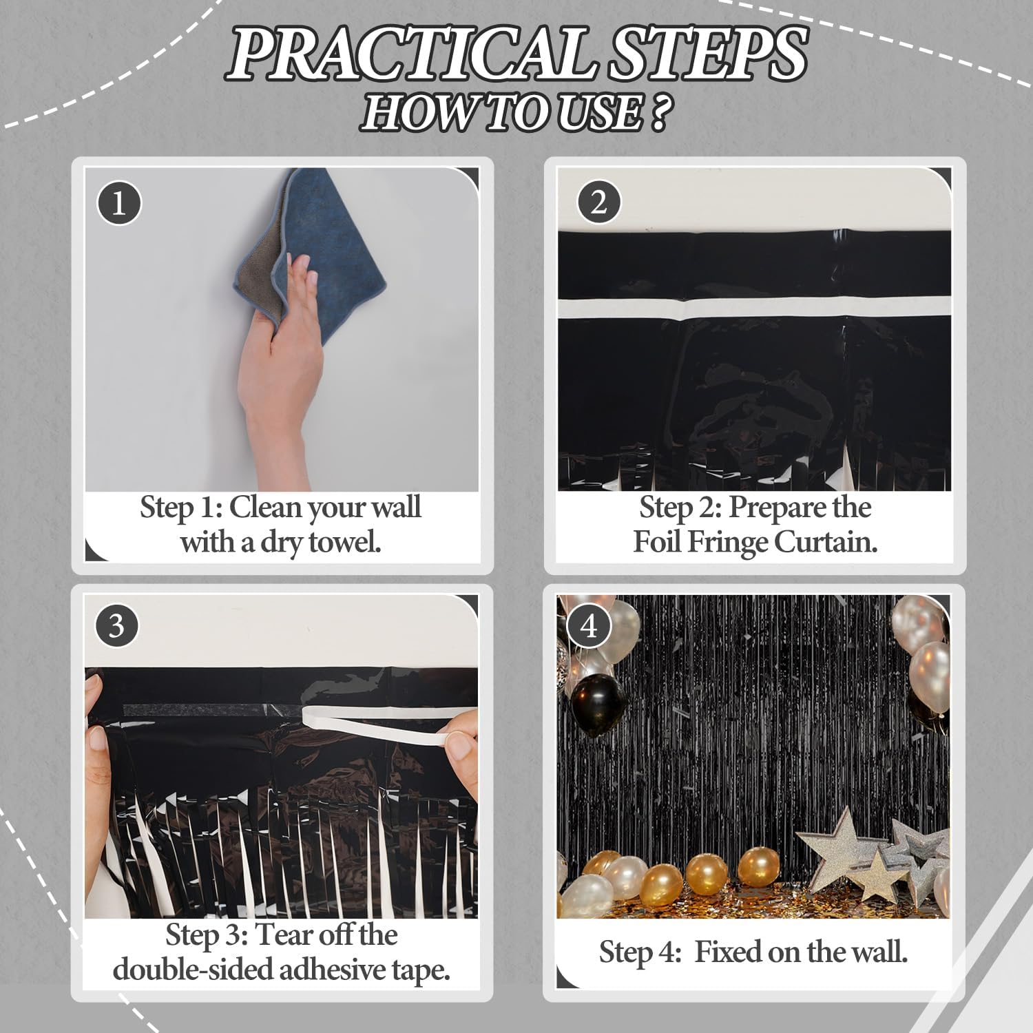 DECOCKRAT 3 Pack Foil Fringe Backdrop - Black Shiny Tinsel Curtains for Party Decoration/Photo Booth Props - 3.3x8.2 FT Metallic Foil Backdrop for Birthday, Wedding, Graduation, Christmas.