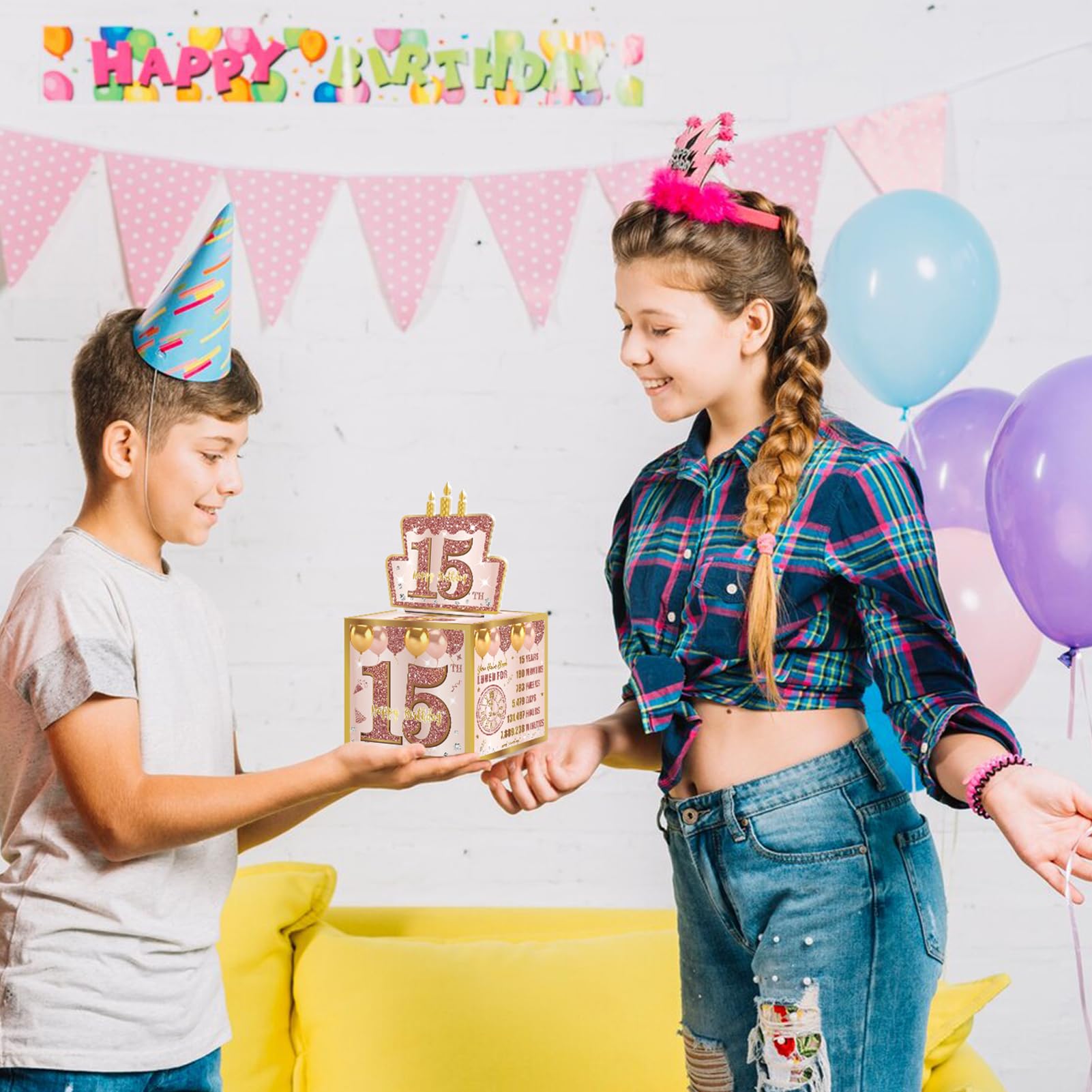 Turypaty Happy 15th Birthday Pull-Out Money Gift Box, 15th Party Cash Gift