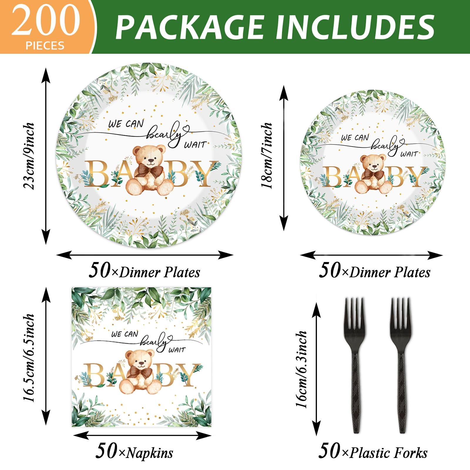 Naozinebi 200PCS Sage Green Bear Baby Shower Decoration Teddy Plates Napkins We Can Bearly Wait Paper Plates Greenery Bear Party Tableware Set for Gender Reveal Neutral Party Decor Supplies Serves 50
