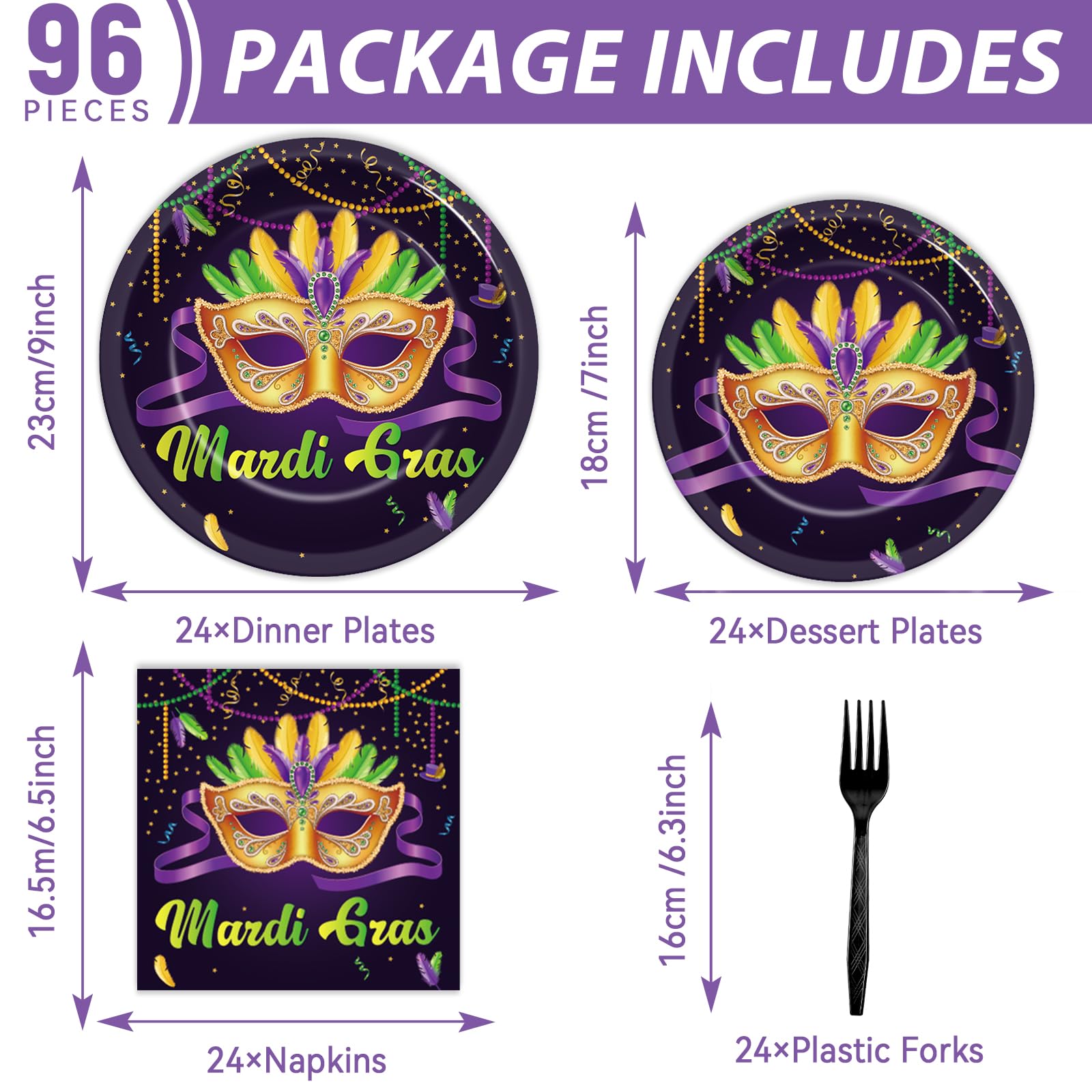 OBUSATT 96Pcs Mardi Gras Party Supplies Mardi Gras Paper Plates Napkins Forks Black Masquerade Mask Dinnerware Disposable New Orleans Party Decorations MardiGrass Tableware Serves 24