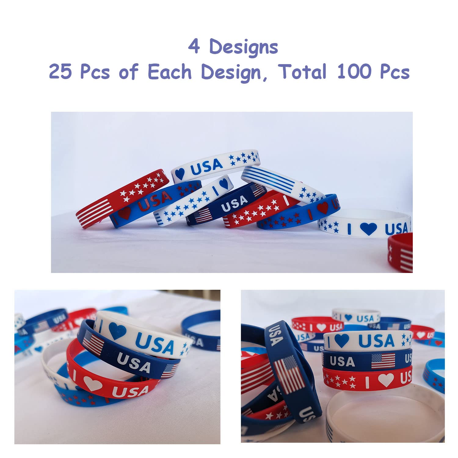 JAKADYUKS 100Pcs American Flag Silicone Bracelets, Fourth 4th of July Party Accessories USA Veterans Day Memorial Day Patriotic Wristband, Red White and Blue Party Favors School Gifts