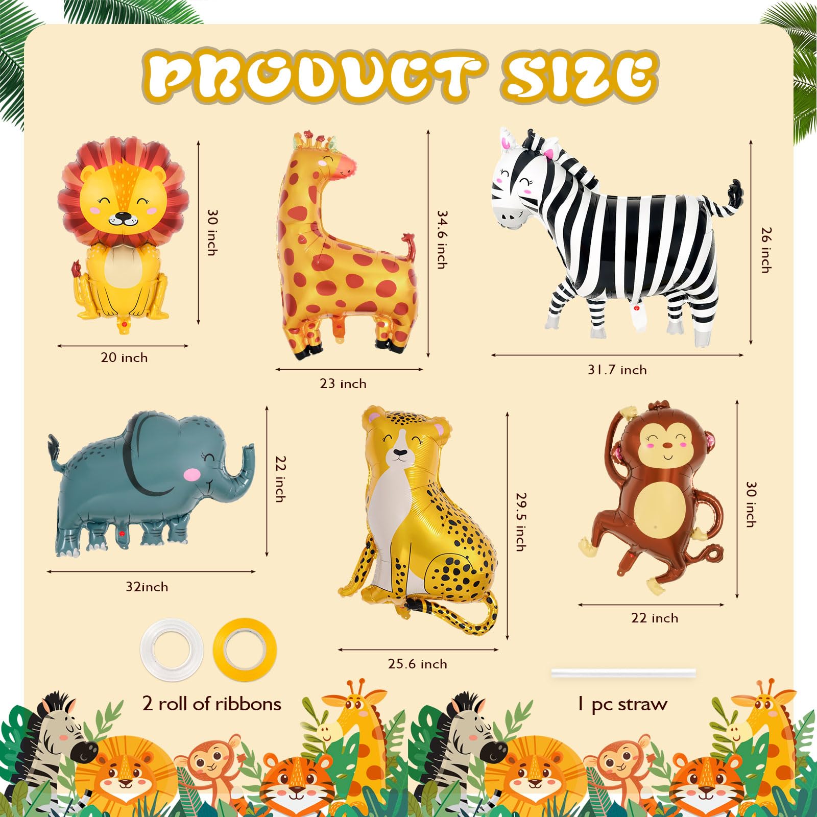 6 Pcs Safari Balloons,Jungle Safari Animals Foil Balloons,Giant Zoo Animal Balloon Zebra Elephant Monkey Lion Giraffe Leopard Shaped Animal Balloon for Zoo Wildlife Theme Birthday Party Decorations