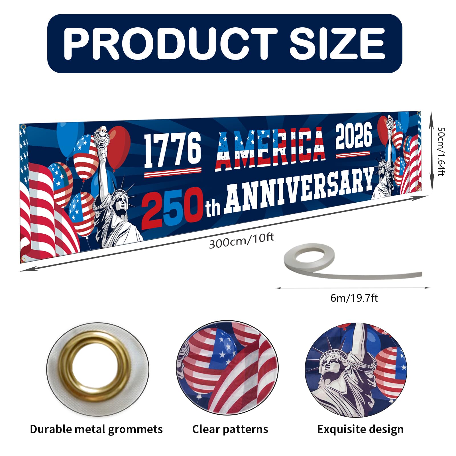 FLUUZE 250th Anniversary American Banner Flag, 4th of July Decorations,1776-2026 USA 250th Birthday Premium Banner with Grommets, Patriotic Decorations for Outdoor, Indoor, Yard, Garden, Porch
