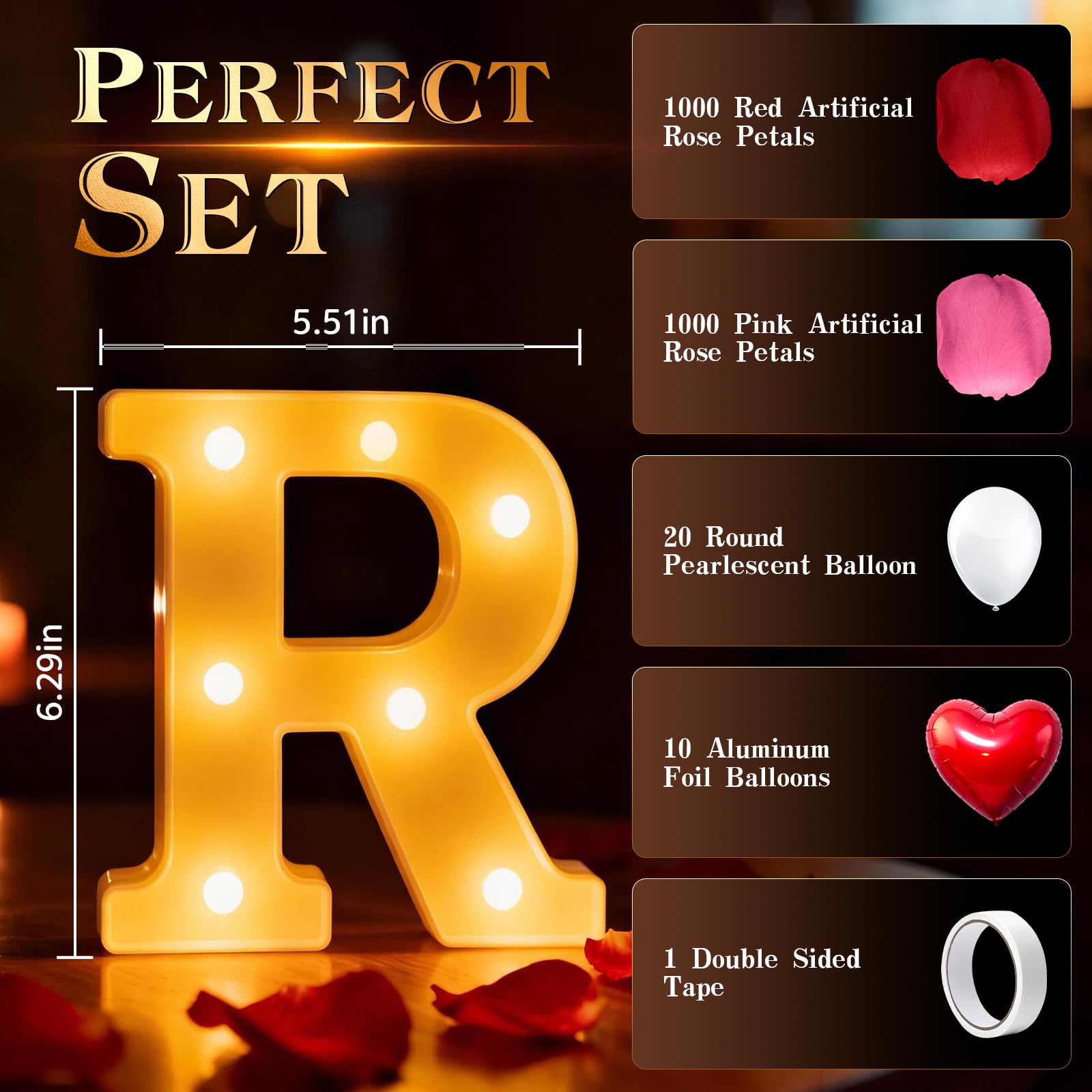 Peledic Happy Anniversary Decorations, Light up Letters Sign, with Rose Petals, Round Pearlescent Balloon, Aluminum Balloons, Light LED Neon, Table Decor for Valentine's Day Wedding Romantic Party