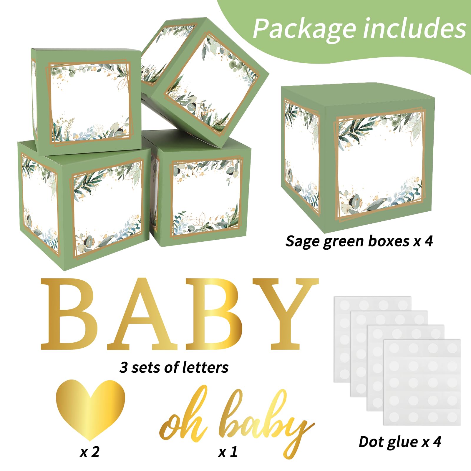 RUBFAC Baby Shower Boxes with Letters, 4pcs Sage Green Baby Shower Decorations for Boy Girl Balloon Boxes Gender Reveal Birthday Party Favors