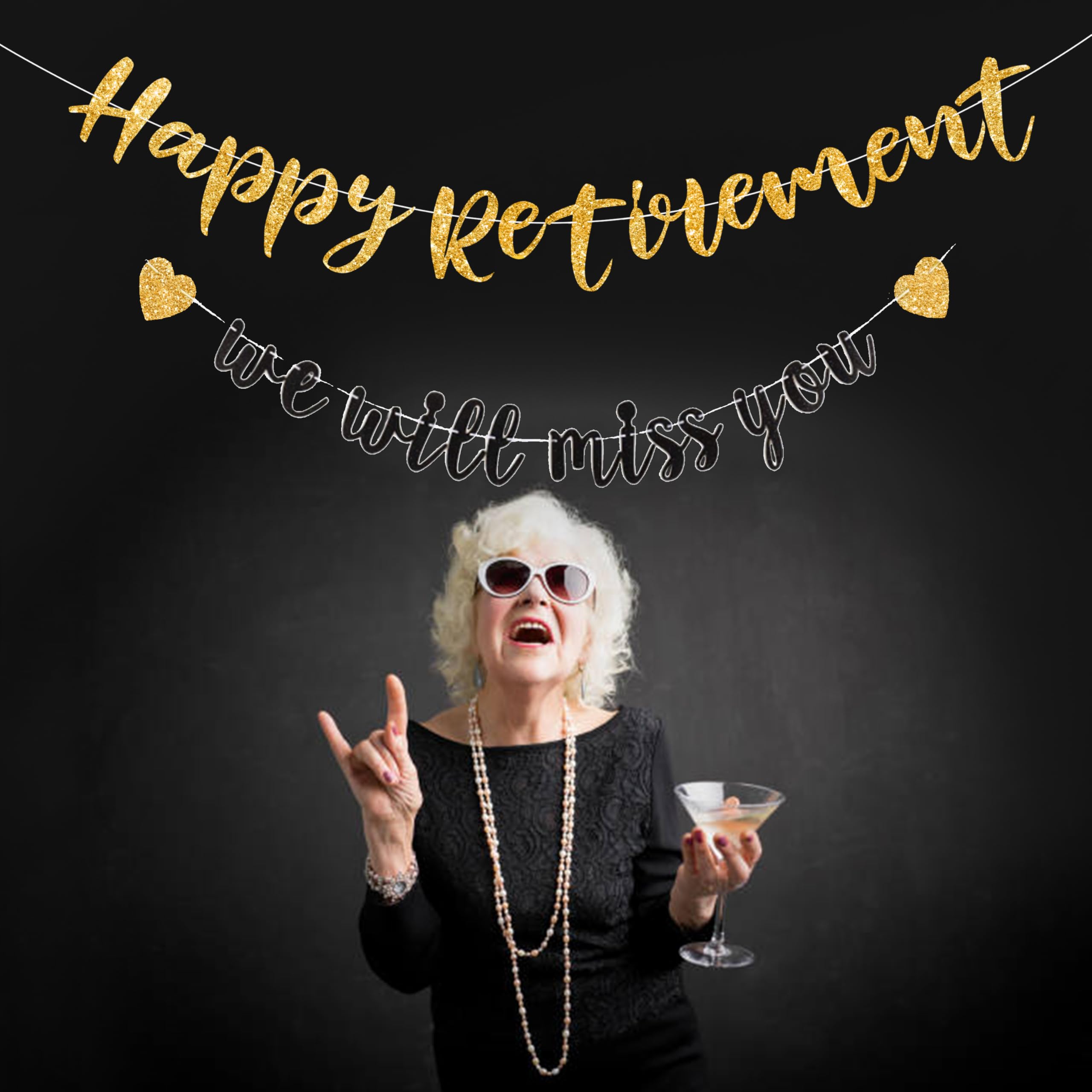 Pre-strung Happy Retirement & We will miss you Banner, Pre-strung on 8 ft Strand Black Gold Glitter Retirement Party Decorations Sign, Going Away Party Farewell Party Supplies and Gifts for Coworker, Men Women
