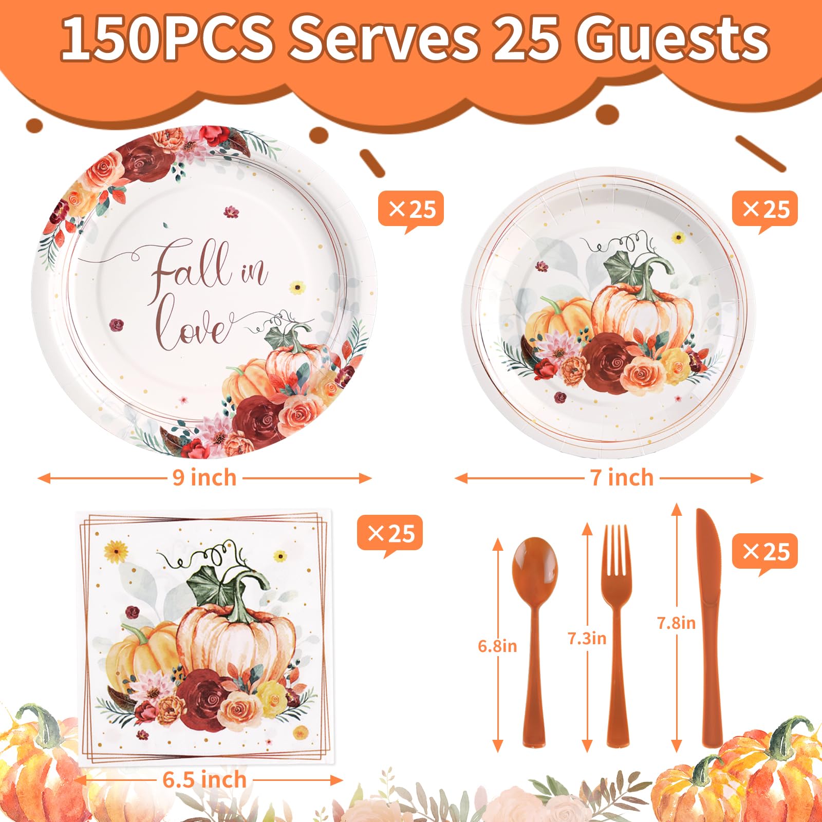 Gudvilla 150Pcs Fall in Love Bridal Shower Decor, Fall Bridal Shower Plates and Napkins Sets Serves 25, Falling in Love Plates for Floral Pumpkin Autumn Wedding Engagement Bachelorette Party