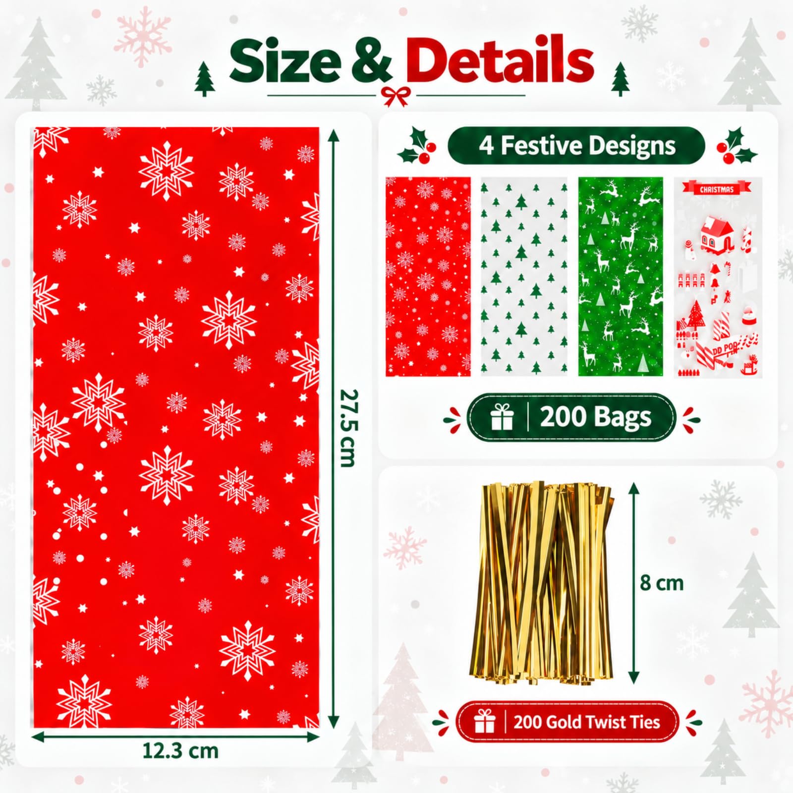 Yixiang 200 PCS Christmas Cellophane Goody Bags Assortment for Holiday Treats, Party Favors, Cello Candy Bags, Christmas Gifts, Party Supplies